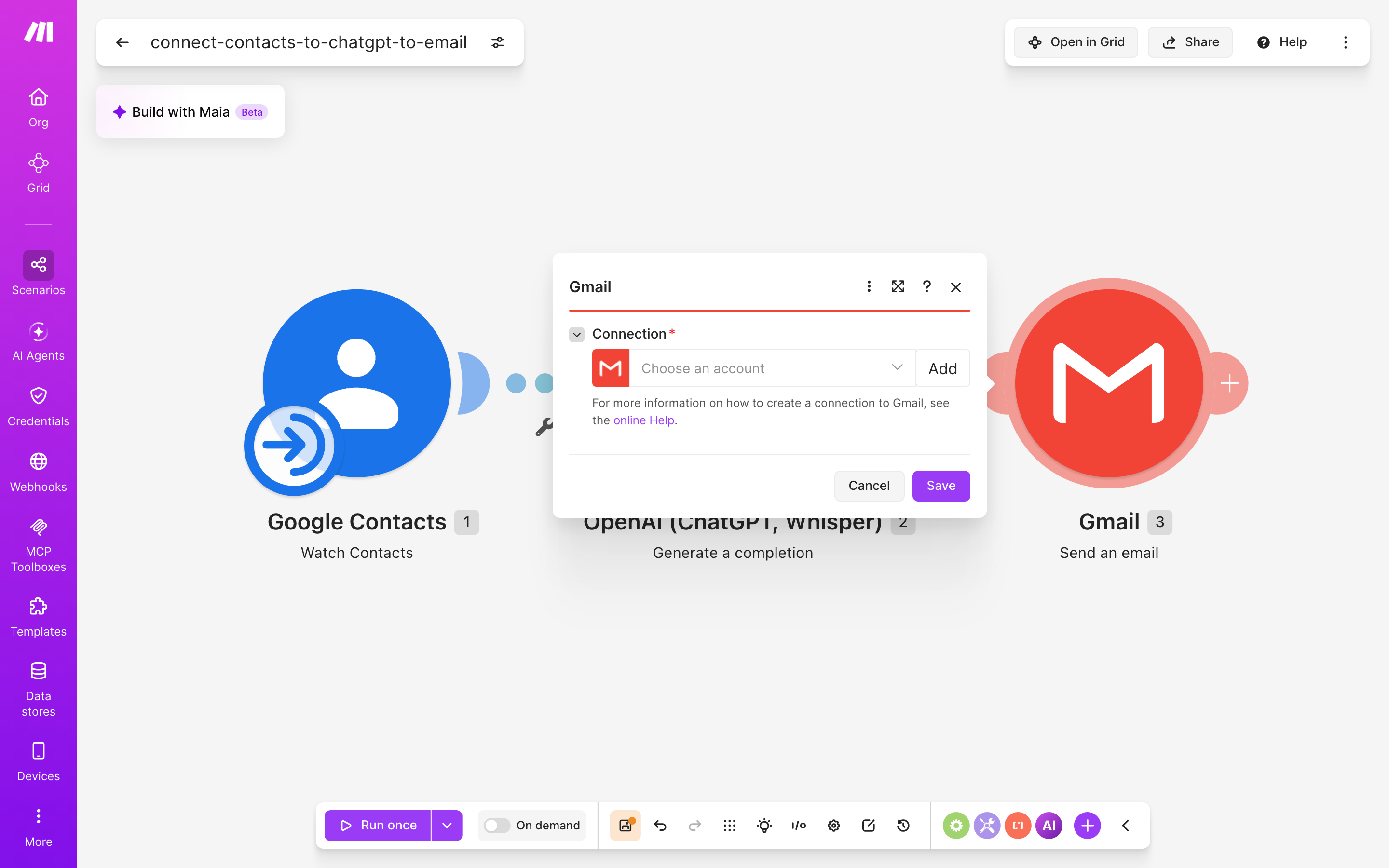 איך מחברים contacts ל-Gmail — איש-קשר חדש → ChatGPT מנסח בעברית → נשלח מייל 5 הגדרות המודול Gmail — Send an Email