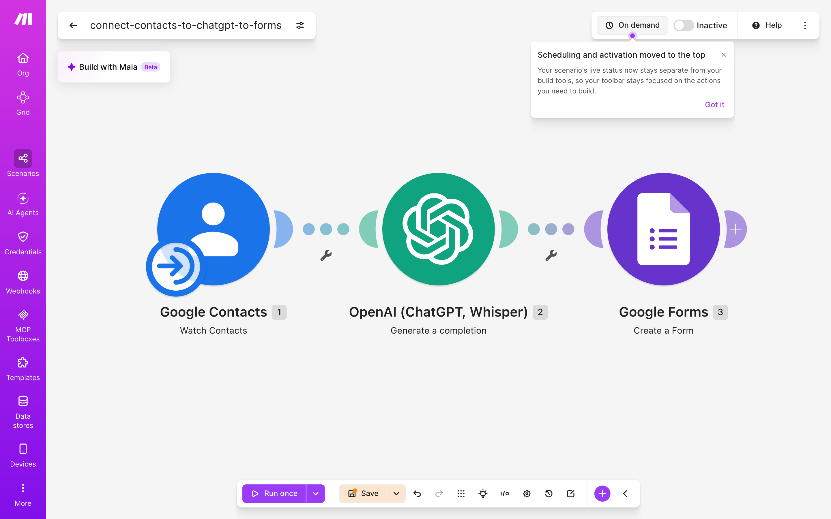עורך התרחיש — google-contacts (Watch Contacts) → ChatGPT (Generate a completion) → google-forms (Create Form)