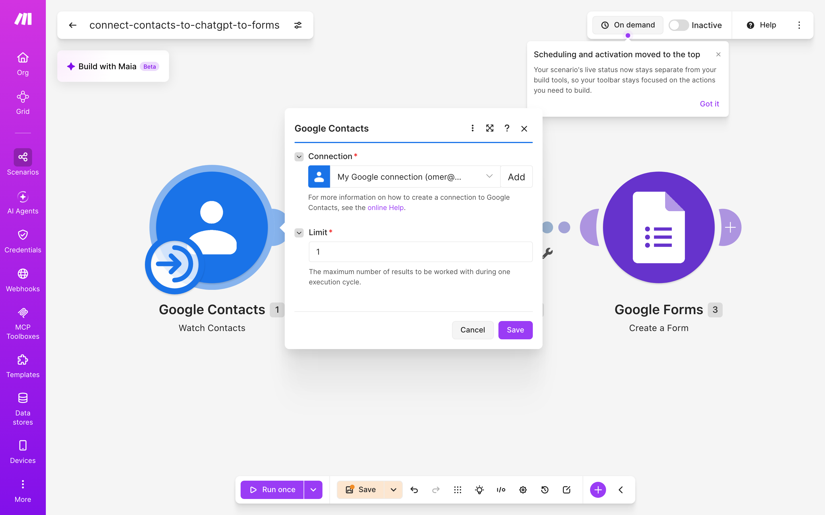 איך מחברים contacts ל-Google Forms — איש-קשר חדש → ChatGPT מנסח בעברית → נוצר או עודכן טופס 3 הגדרות המודול google-contacts — Watch Contacts