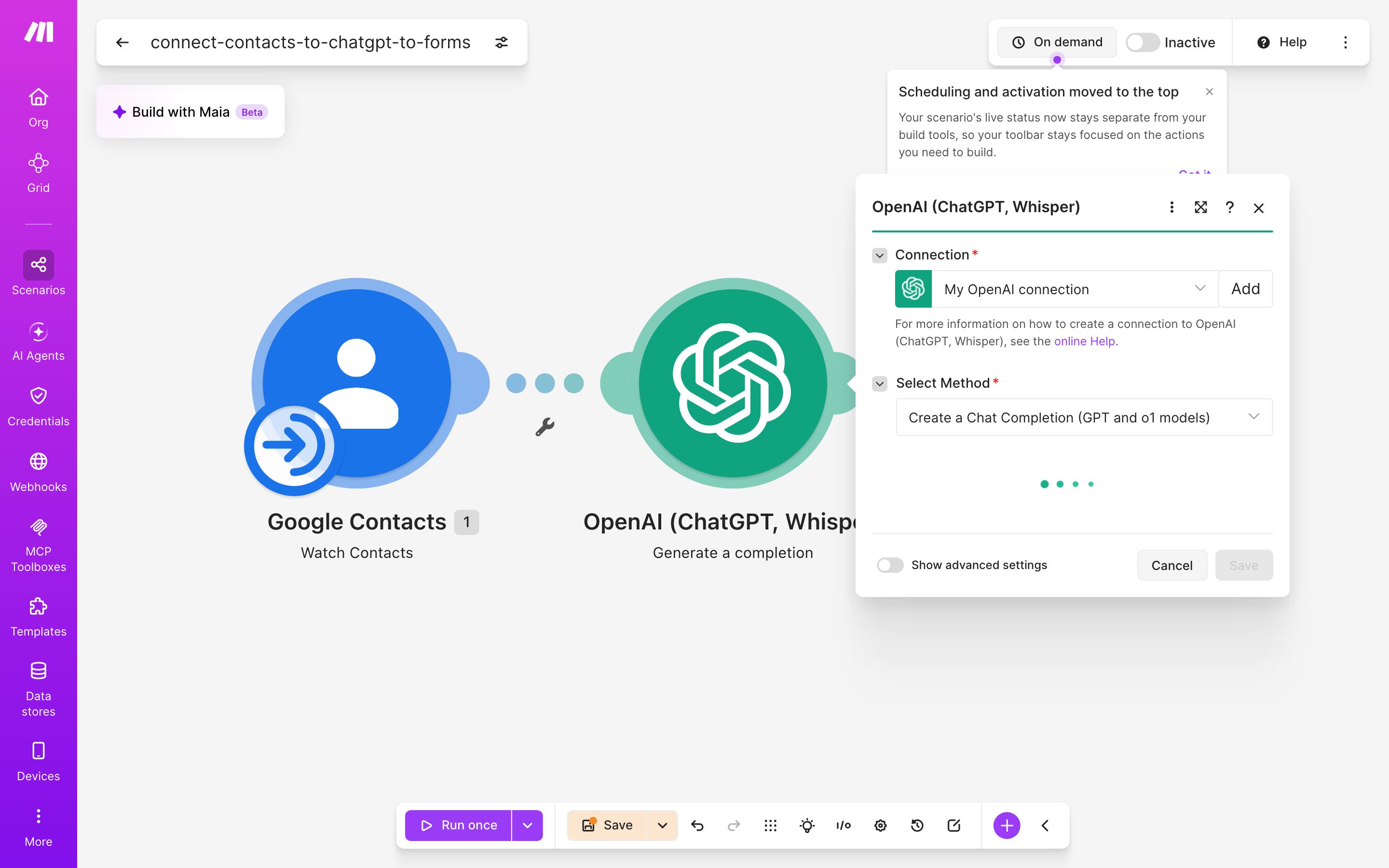 איך מחברים contacts ל-Google Forms — איש-קשר חדש → ChatGPT מנסח בעברית → נוצר או עודכן טופס 4 הגדרות המודול ChatGPT — Generate a completion