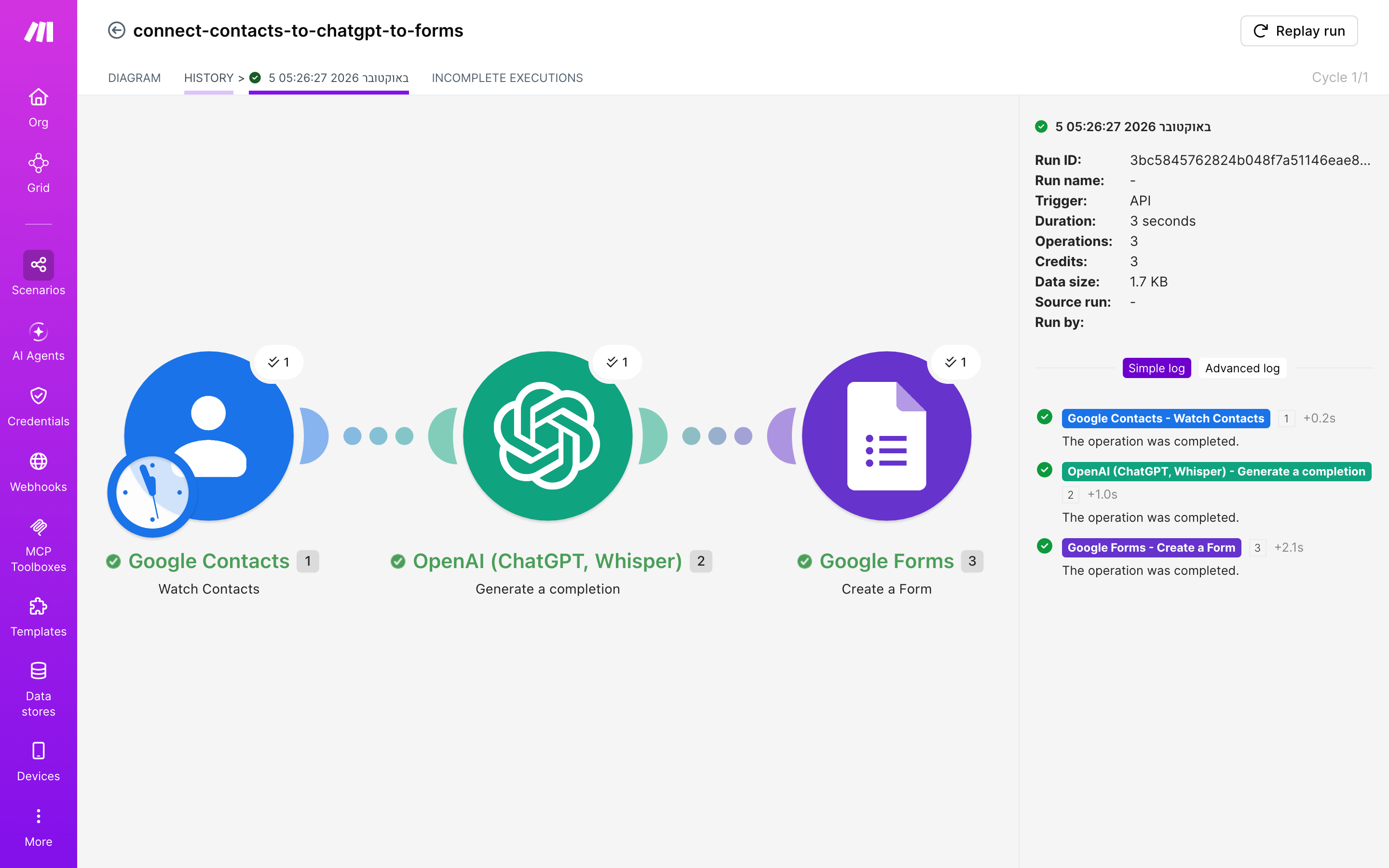 איך מחברים contacts ל-Google Forms — איש-קשר חדש → ChatGPT מנסח בעברית → נוצר או עודכן טופס 6 היסטוריית-הריצות: ריצה ירוקה, 3 פעולות, 5.10.2026