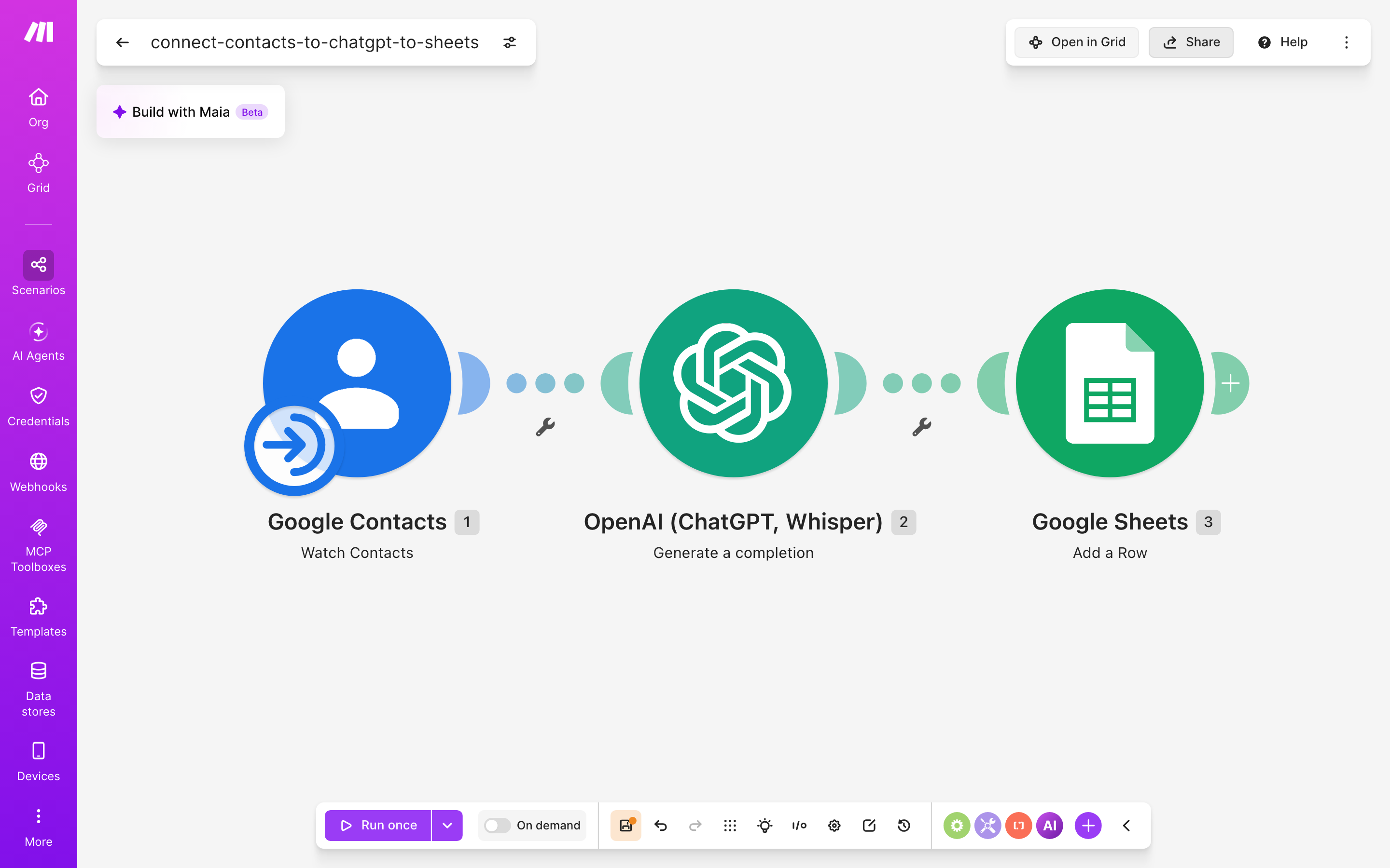 עורך התרחיש — google-contacts (Watch Contacts) → ChatGPT (Generate a completion) → Google Sheets (Add a Row)