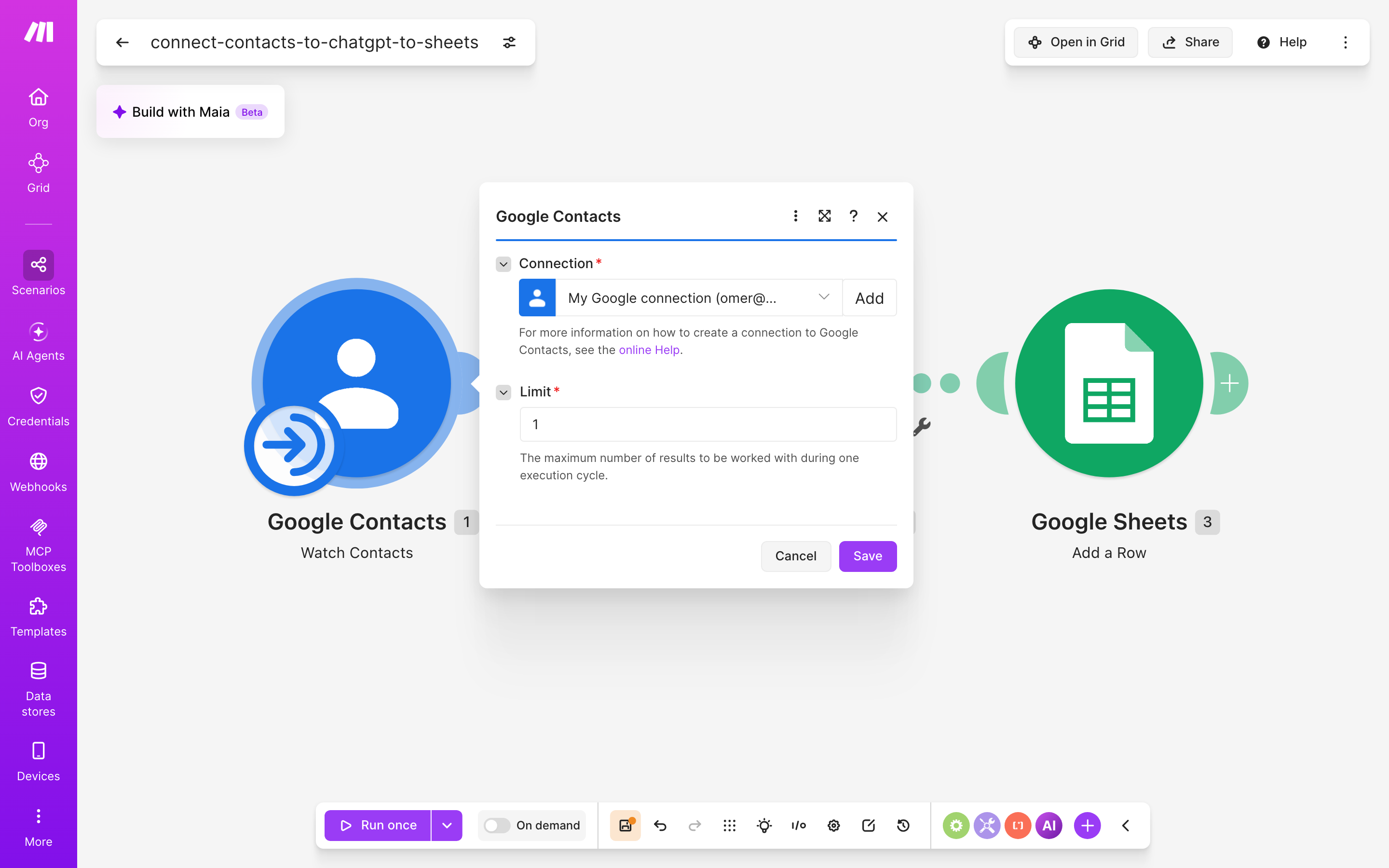 איך מחברים contacts ל-Google Sheets — איש-קשר חדש → ChatGPT מנסח בעברית → נרשמת שורה בגיליון 3 הגדרות המודול google-contacts — Watch Contacts