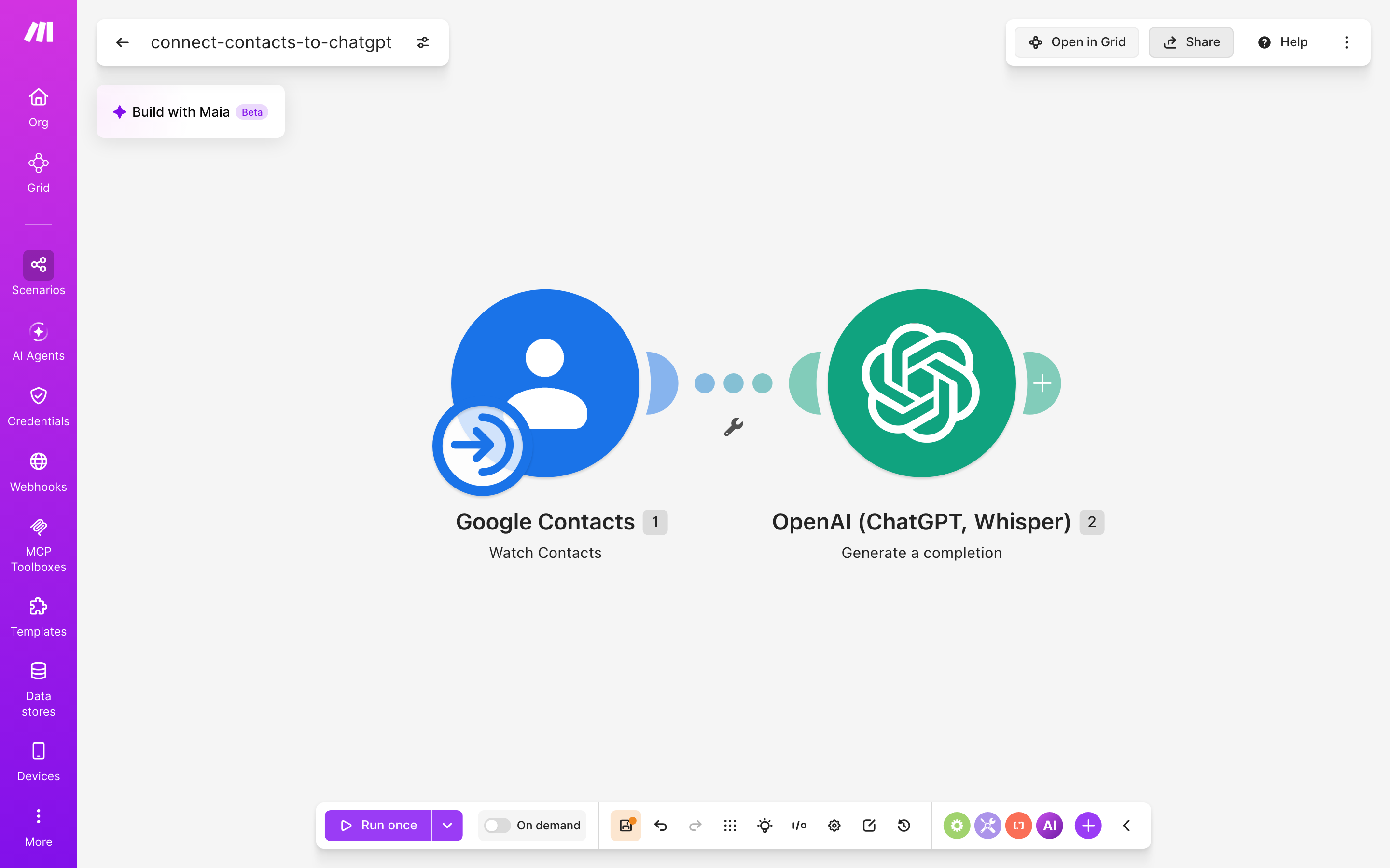 עורך התרחיש — google-contacts (Watch Contacts) → ChatGPT (Generate a completion)