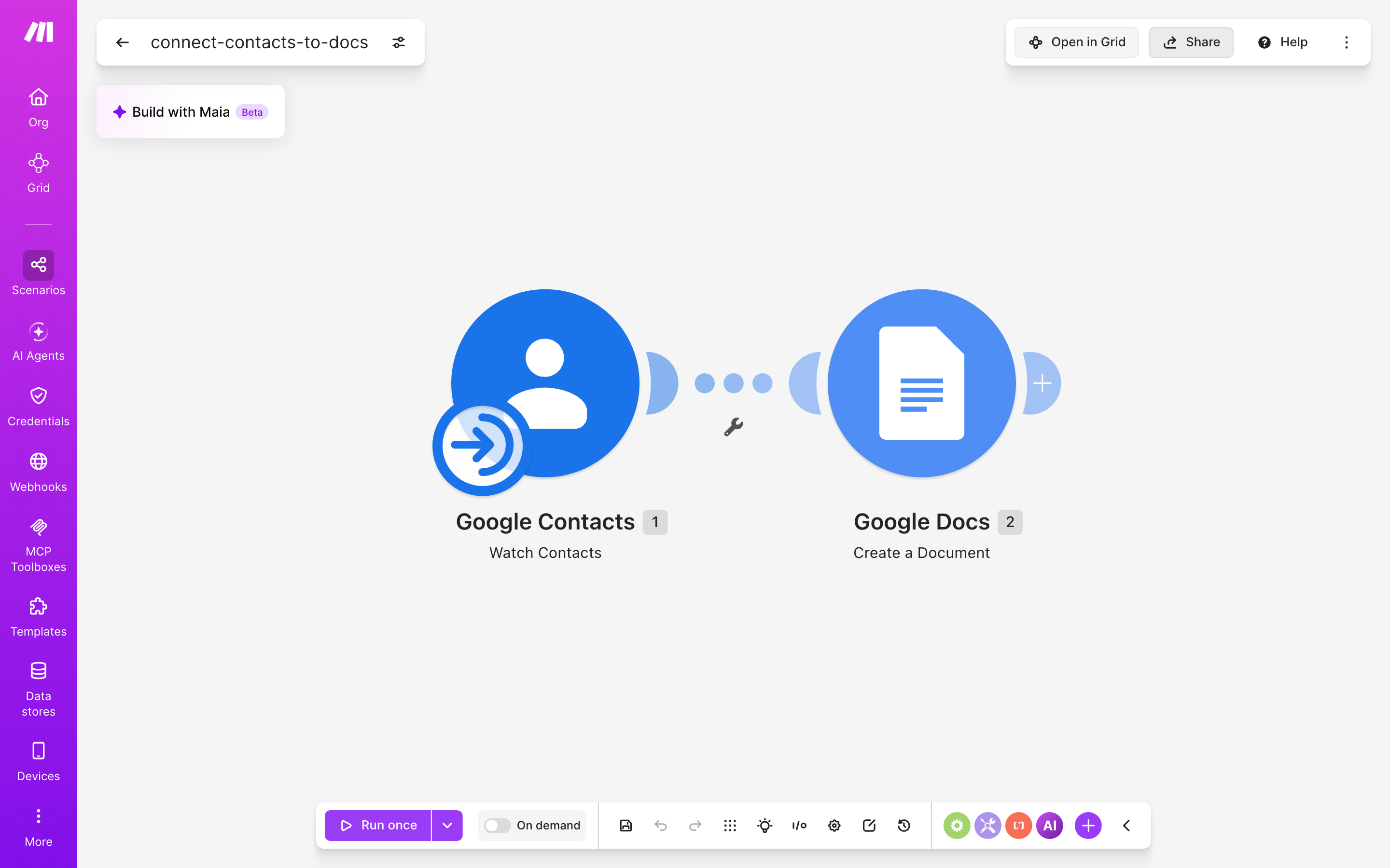 עורך התרחיש — google-contacts (Watch Contacts) → Google Docs (Create a Document)