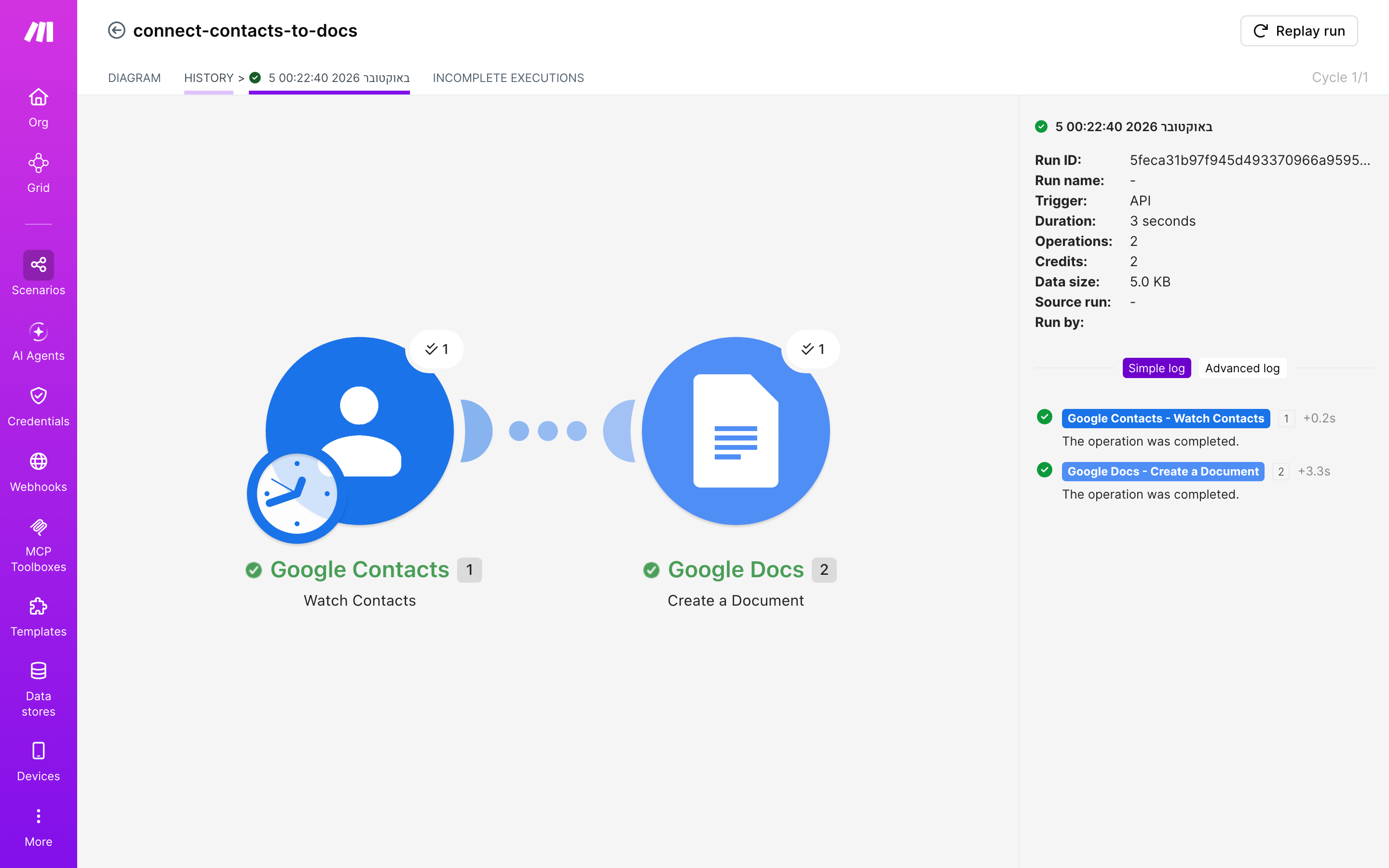 איך מחברים contacts ל-Google Docs — איש-קשר חדש → נוצר מסמך מוכן 5 היסטוריית-הריצות: ריצה ירוקה, 2 פעולות, 5.10.2026