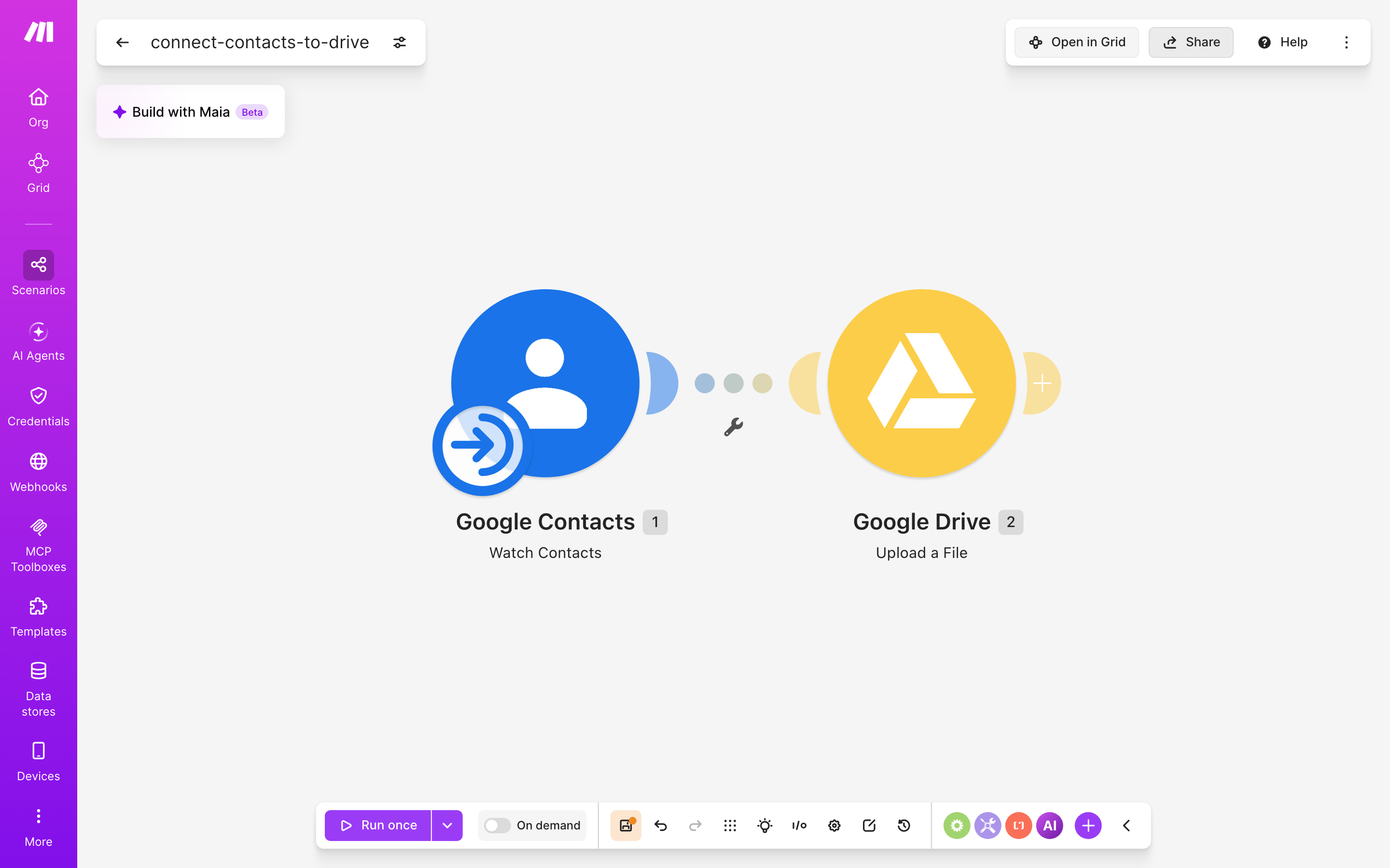 איך מחברים contacts ל-Google Drive — איש-קשר חדש → הקובץ נשמר בתיקייה 2 עורך התרחיש — google-contacts (Watch Contacts) → Google Drive (Upload a File)
