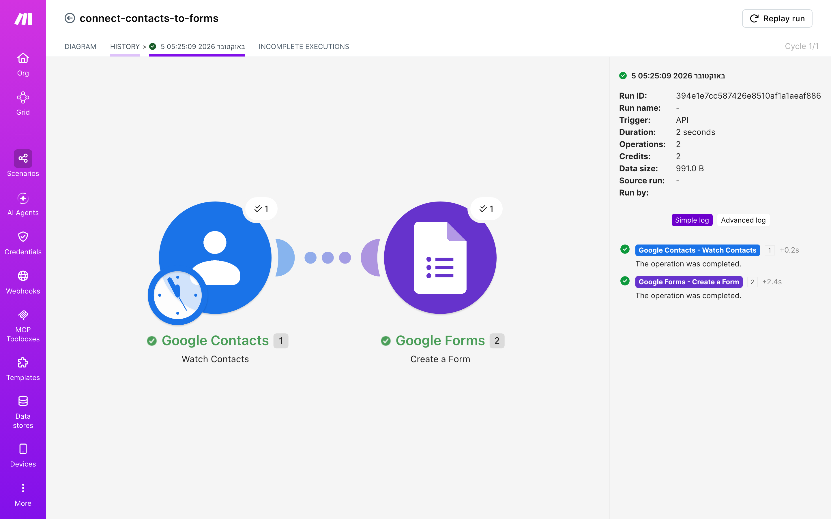 איך מחברים contacts ל-Google Forms — איש-קשר חדש → נוצר או עודכן טופס 5 היסטוריית-הריצות: ריצה ירוקה, 2 פעולות, 5.10.2026