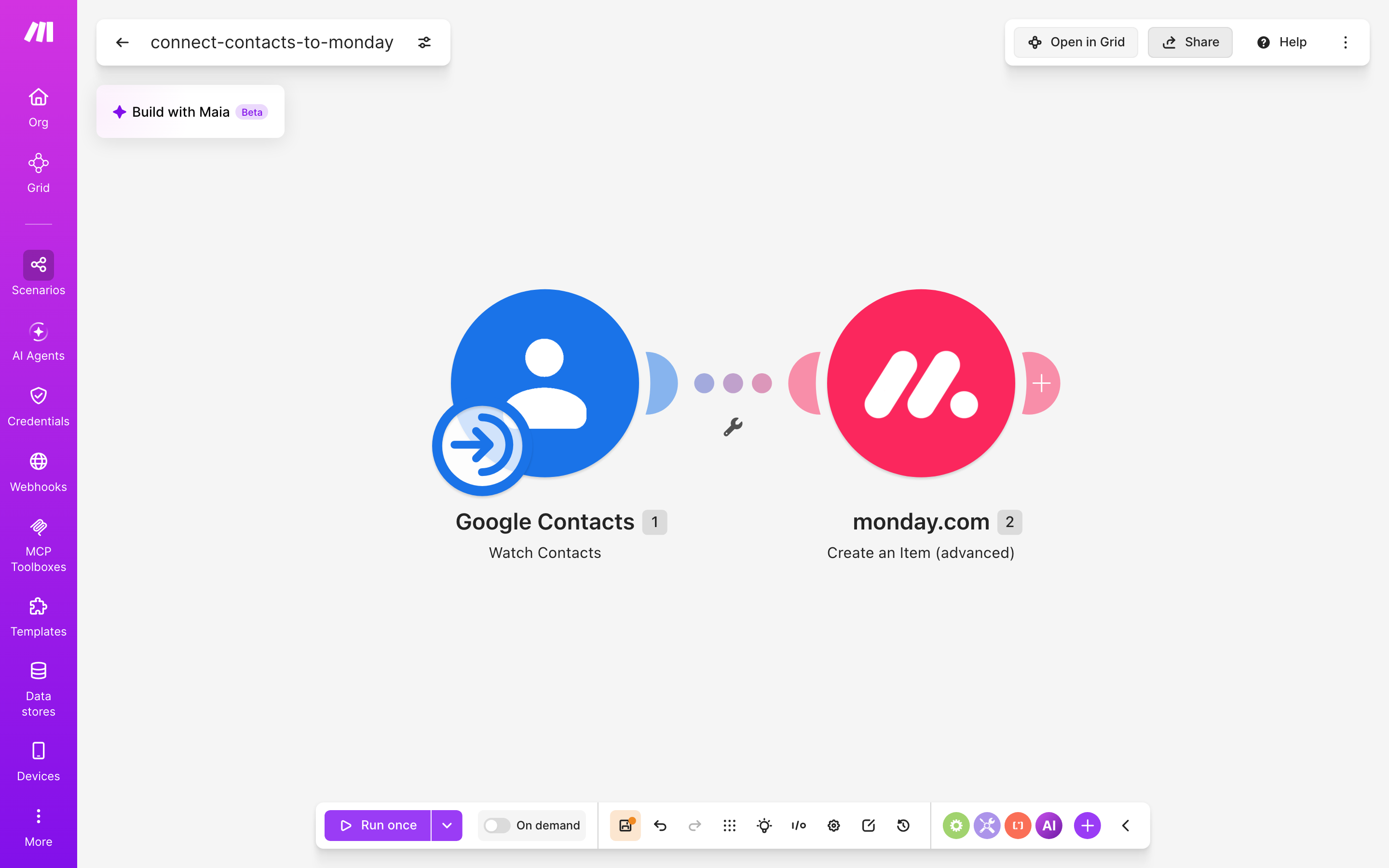 עורך התרחיש — google-contacts (Watch Contacts) → monday.com (Create an Item (advanced))