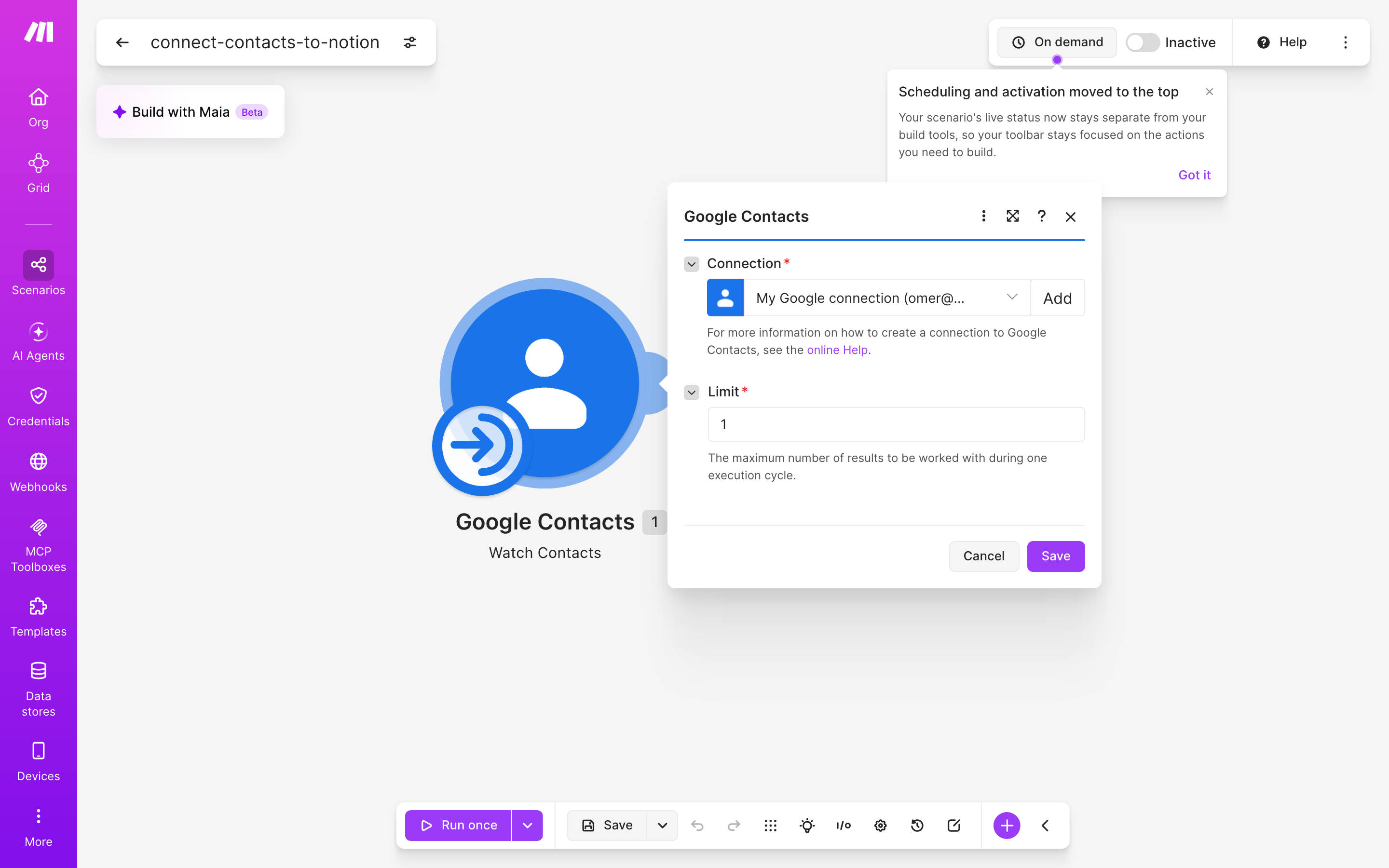 איך מחברים contacts ל-Notion — איש-קשר חדש → נוצר פריט בדאטהבייס 3 הגדרות המודול google-contacts — Watch Contacts
