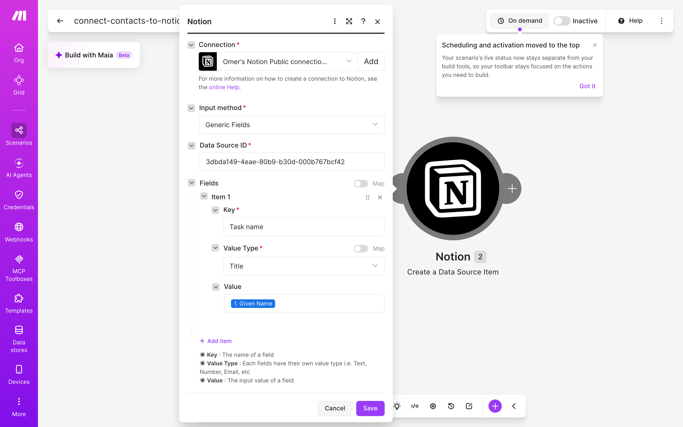 איך מחברים contacts ל-Notion — איש-קשר חדש → נוצר פריט בדאטהבייס 4 הגדרות המודול Notion — Create a Data Source Item