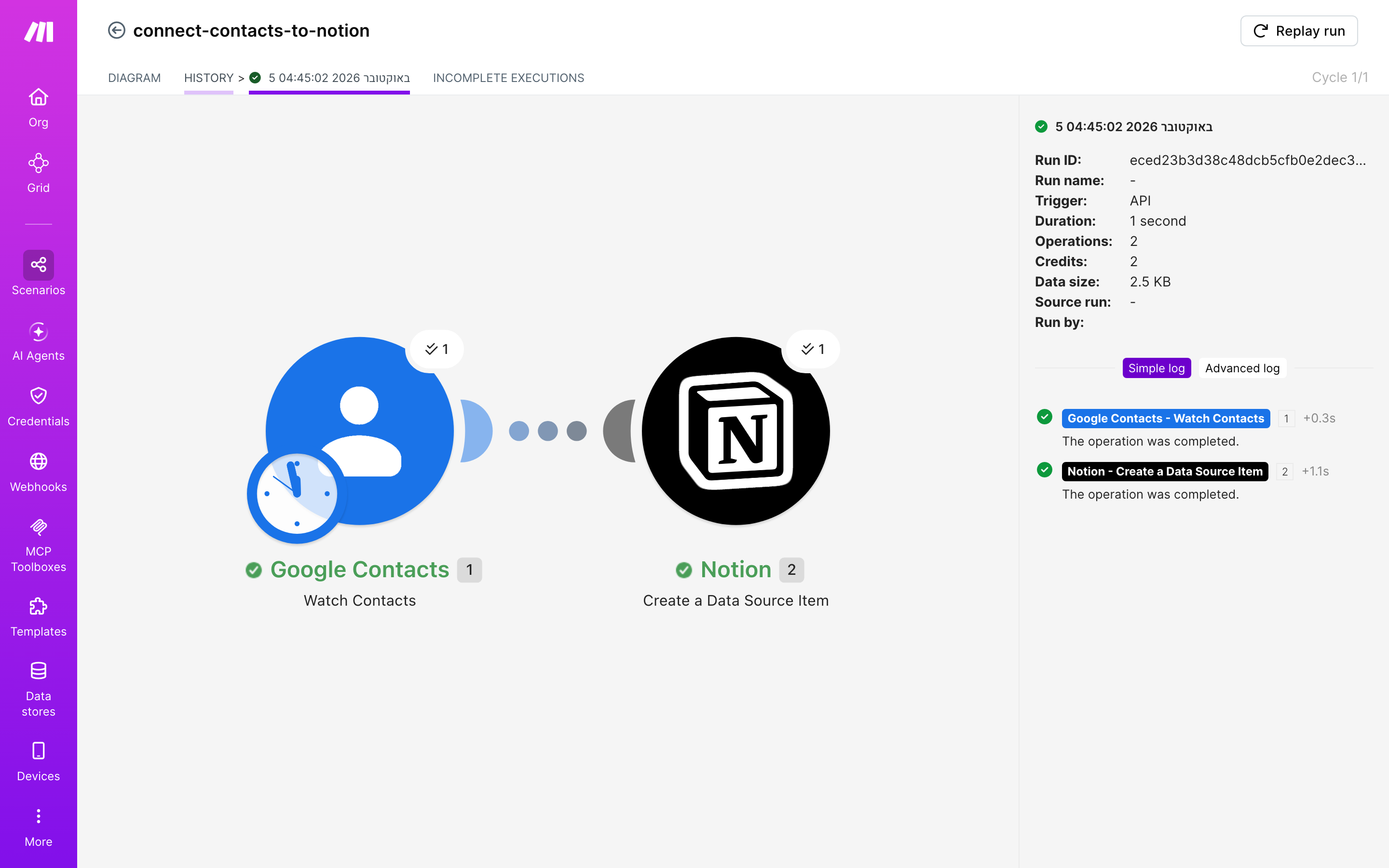 איך מחברים contacts ל-Notion — איש-קשר חדש → נוצר פריט בדאטהבייס 5 היסטוריית-הריצות: ריצה ירוקה, 2 פעולות, 5.10.2026