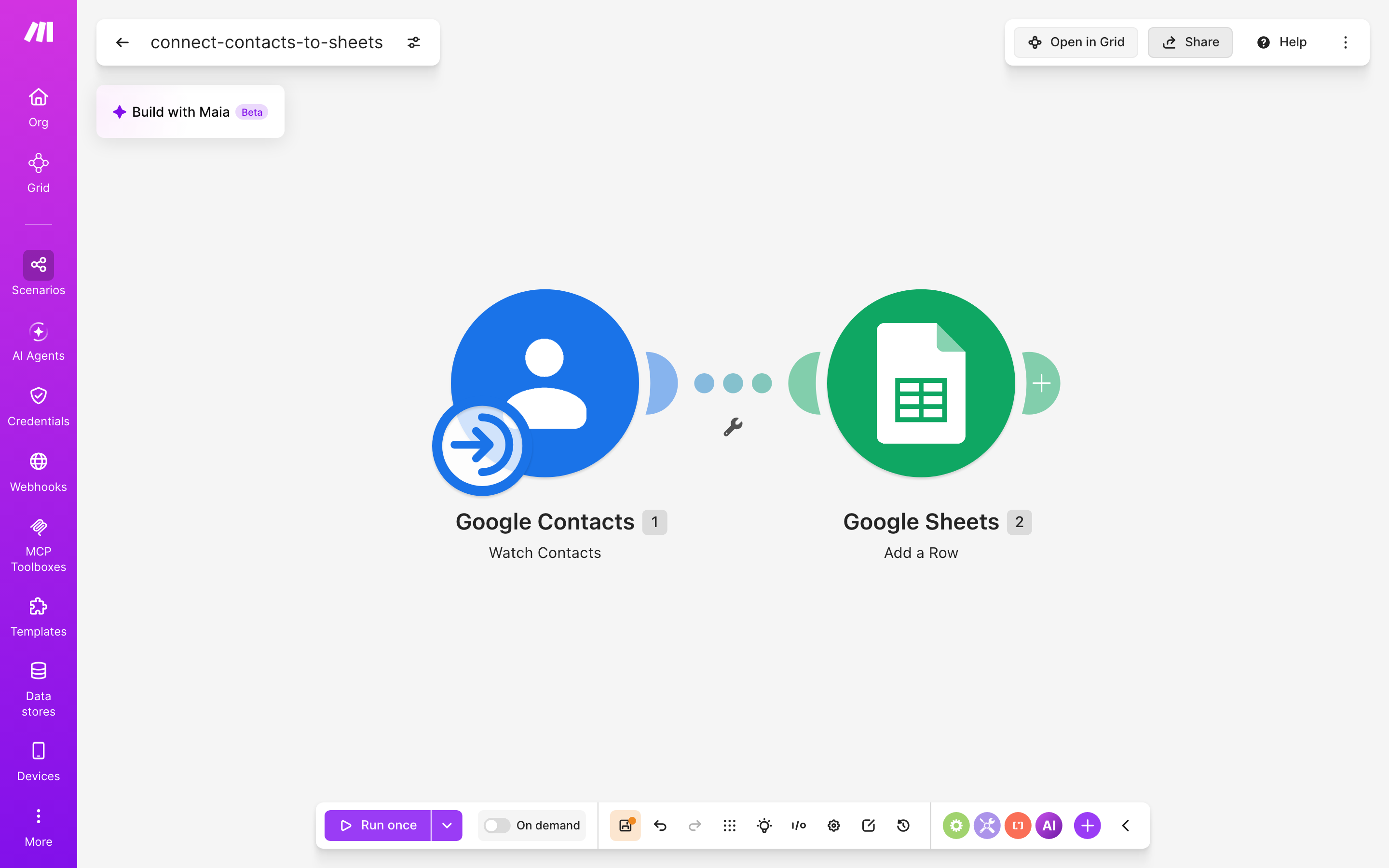 עורך התרחיש — google-contacts (Watch Contacts) → Google Sheets (Add a Row)