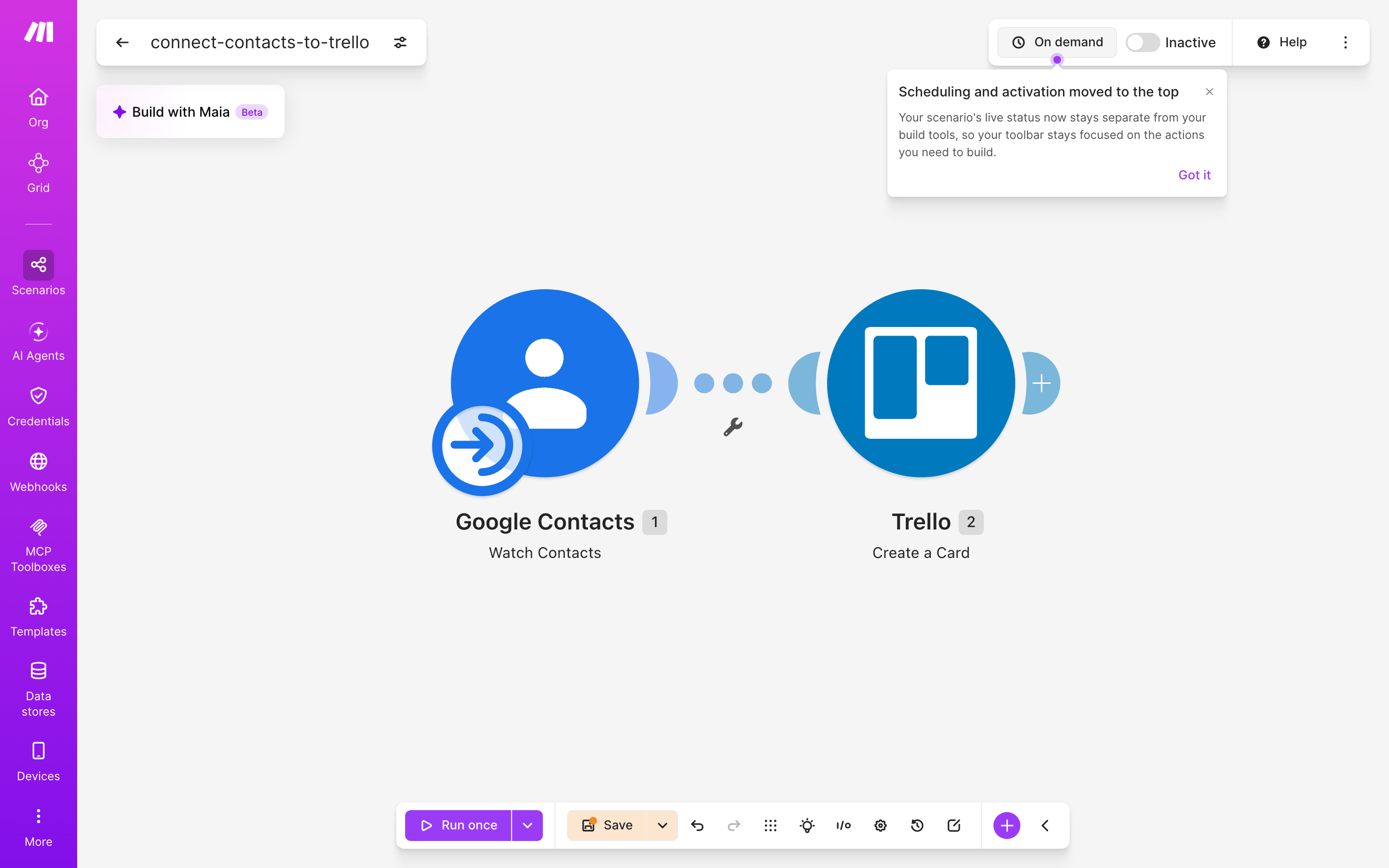 איך מחברים contacts ל-Trello — איש-קשר חדש → נוצר כרטיס בלוח 2 עורך התרחיש — google-contacts (Watch Contacts) → Trello (Create a Card)