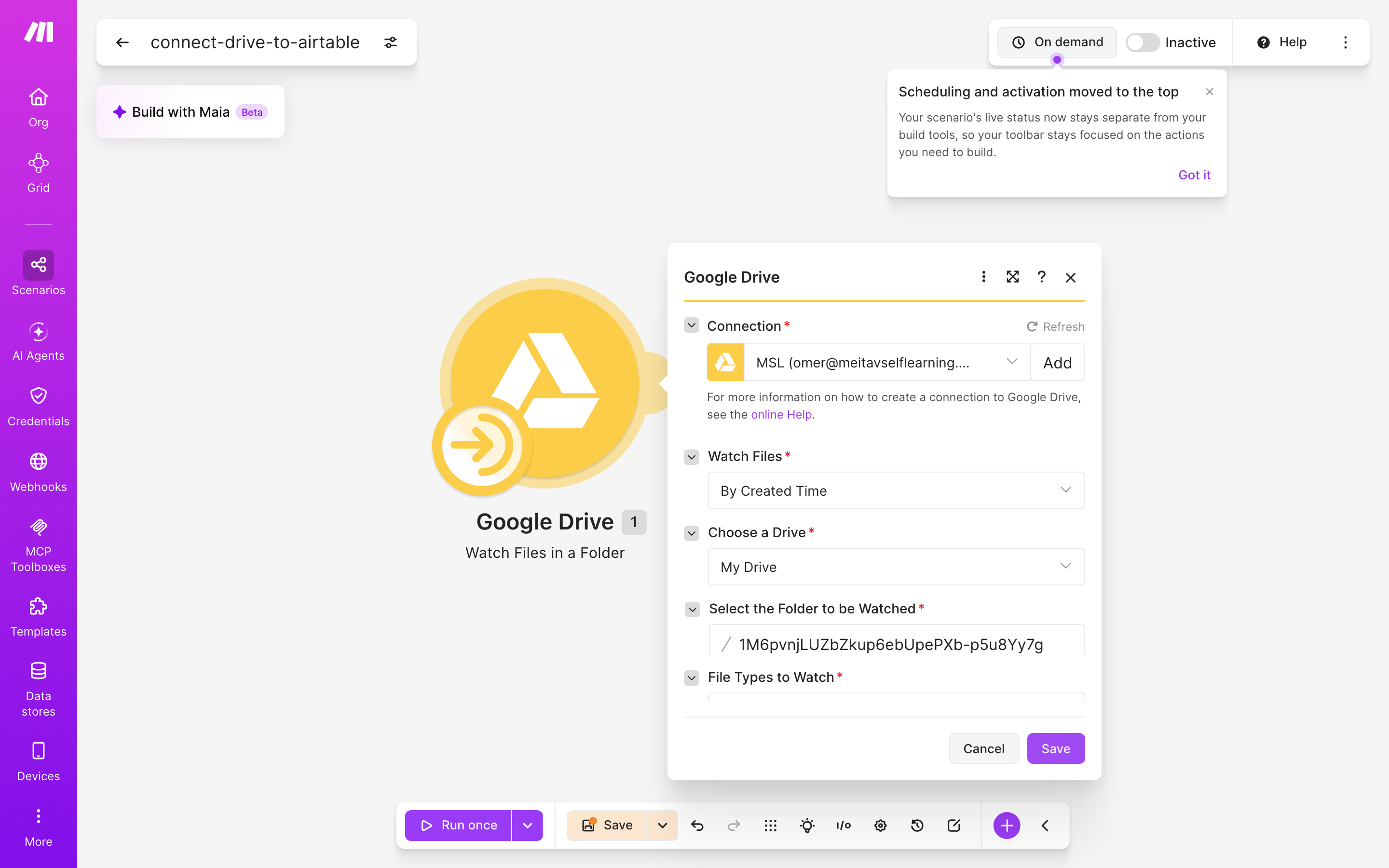 איך מחברים Google Drive ל-Airtable — קובץ חדש בתיקייה → נוצרה רשומה 3 הגדרות המודול Google Drive — Watch Files in a Folder
