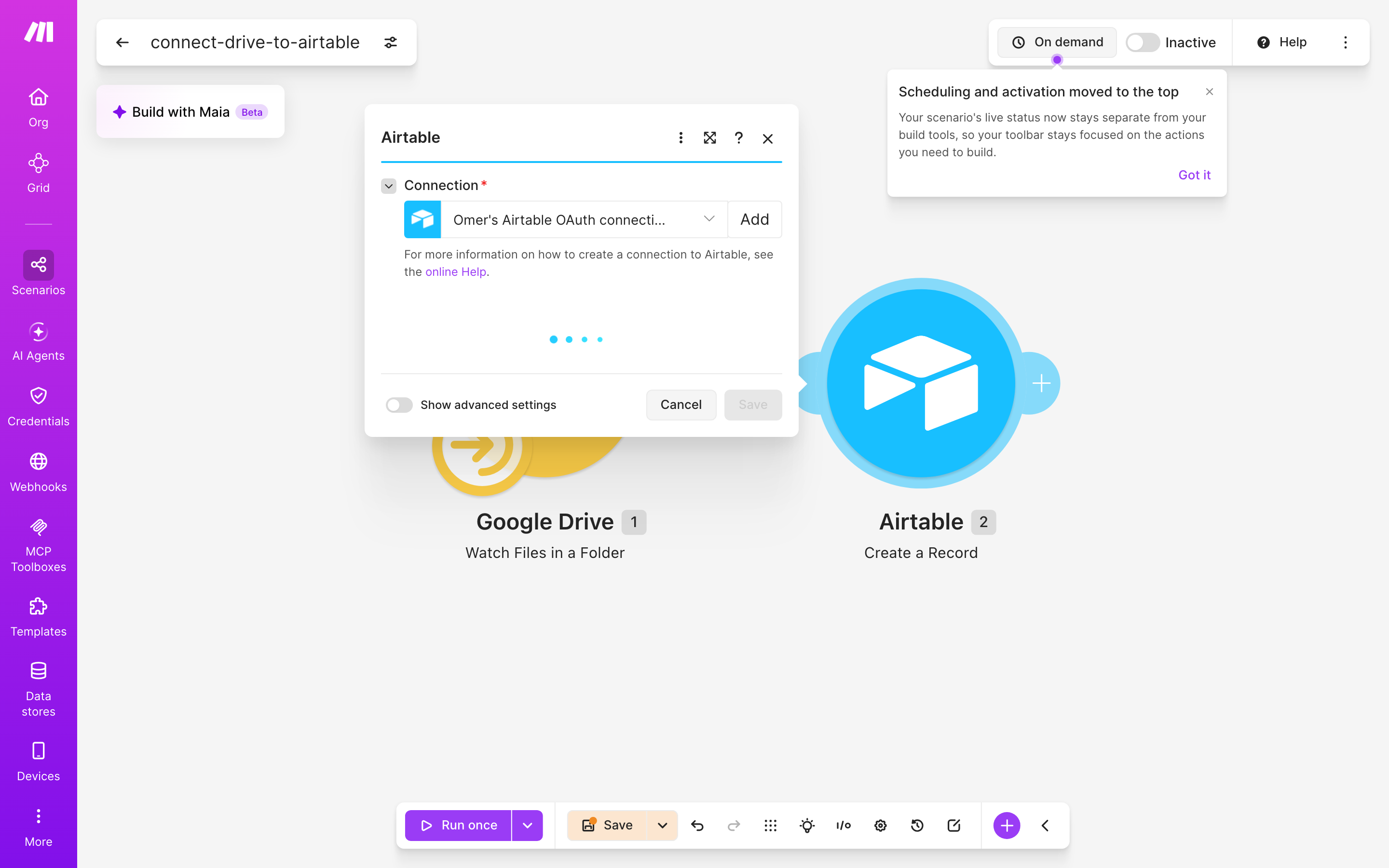 איך מחברים Google Drive ל-Airtable — קובץ חדש בתיקייה → נוצרה רשומה 4 הגדרות המודול Airtable — Action Create Record