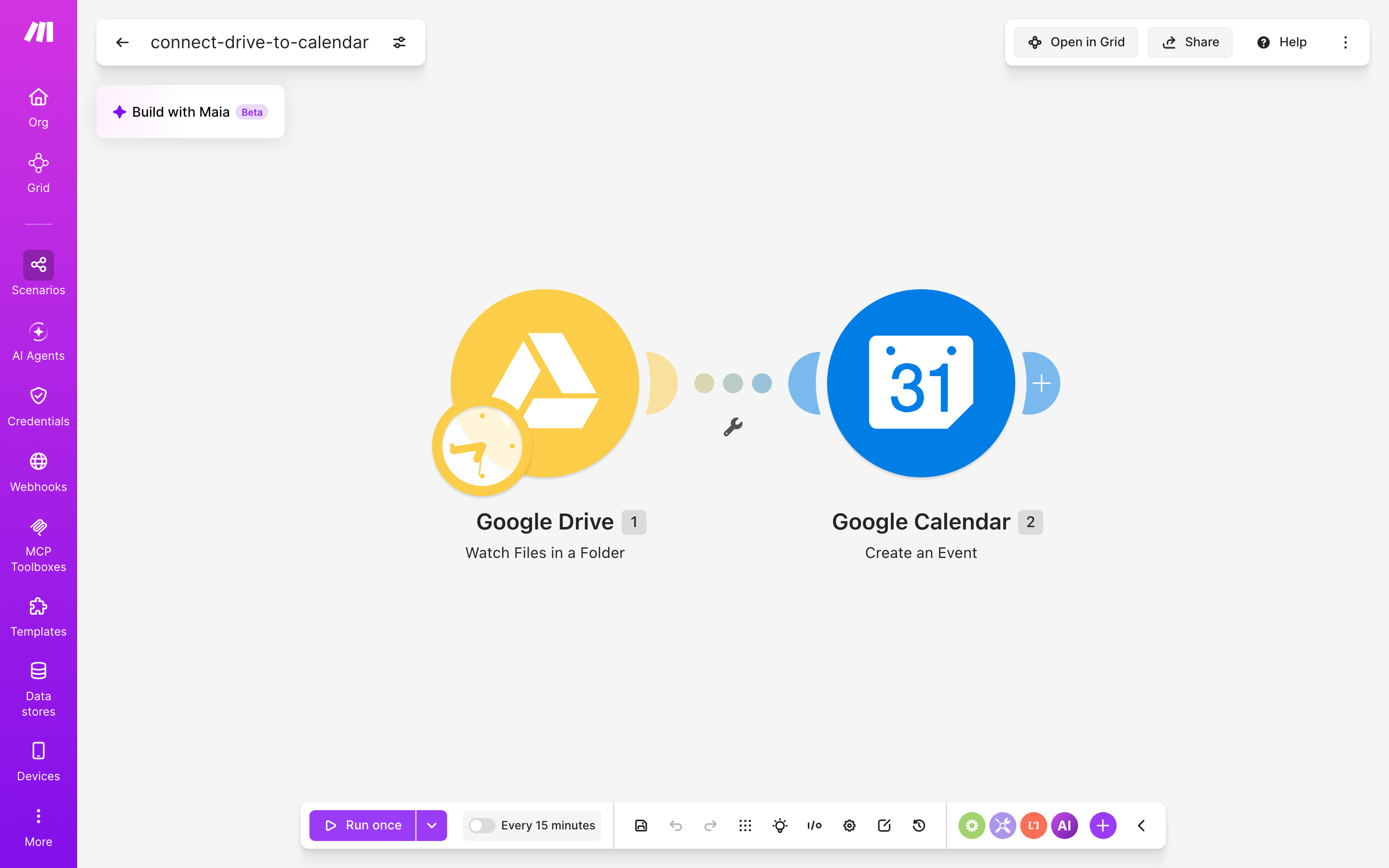 עורך התרחיש — Google Drive (Watch Files in a Folder) → Google Calendar (Create an Event)