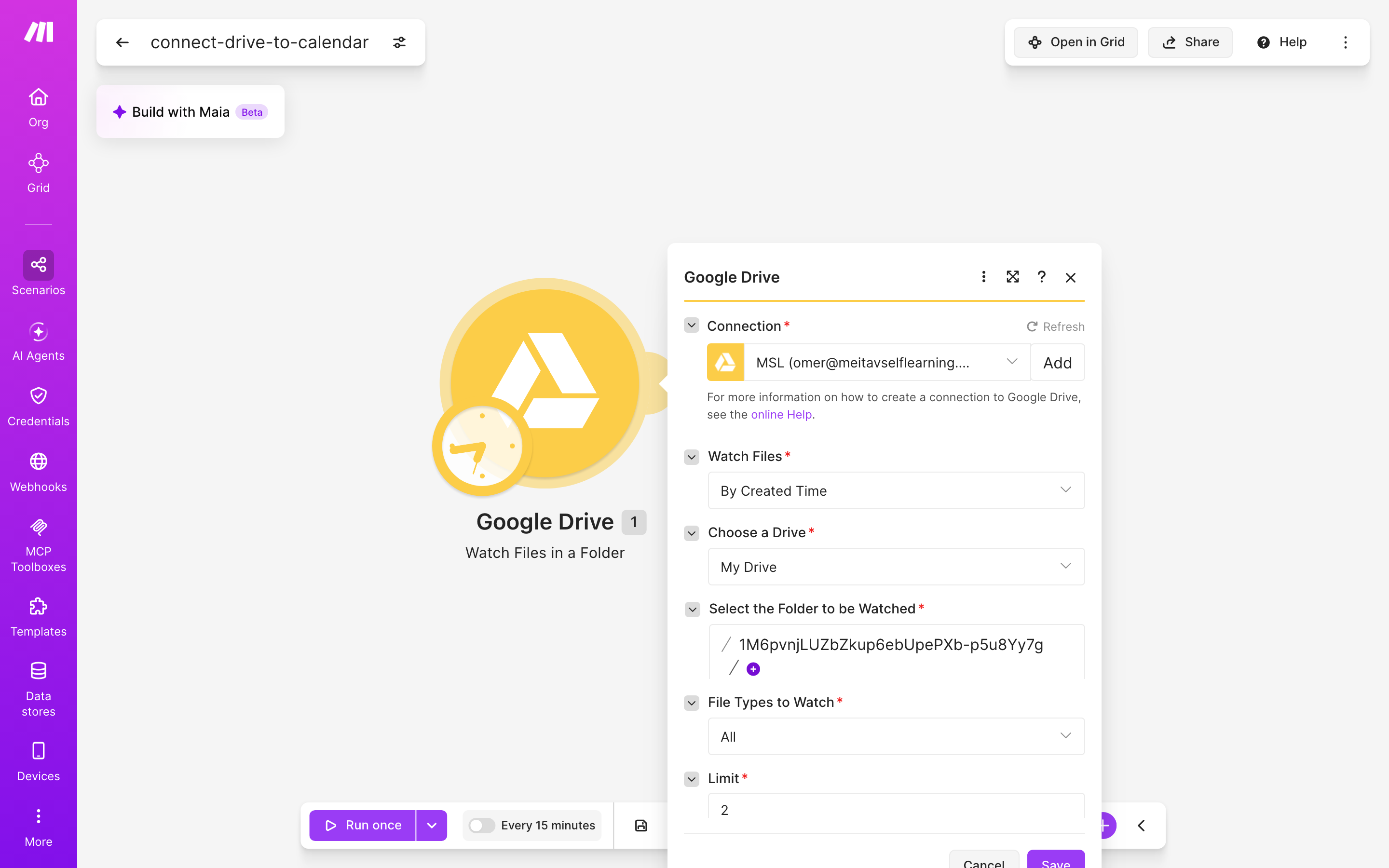 איך מחברים Google Drive ל-Google Calendar — קובץ חדש בתיקייה → נוצר אירוע ביומן 3 הגדרות המודול Google Drive — Watch Files in a Folder