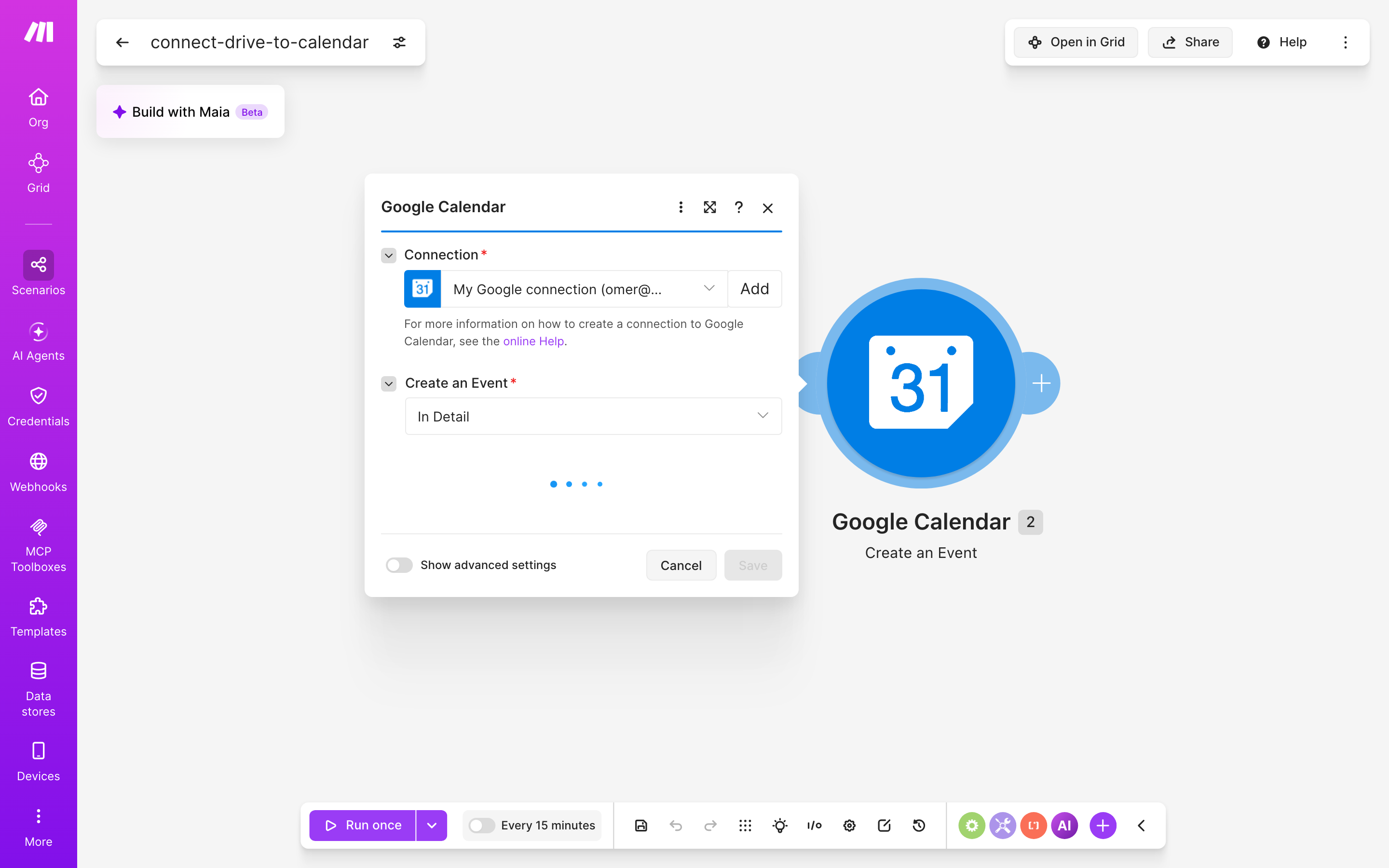 איך מחברים Google Drive ל-Google Calendar — קובץ חדש בתיקייה → נוצר אירוע ביומן 4 הגדרות המודול Google Calendar — Create an Event