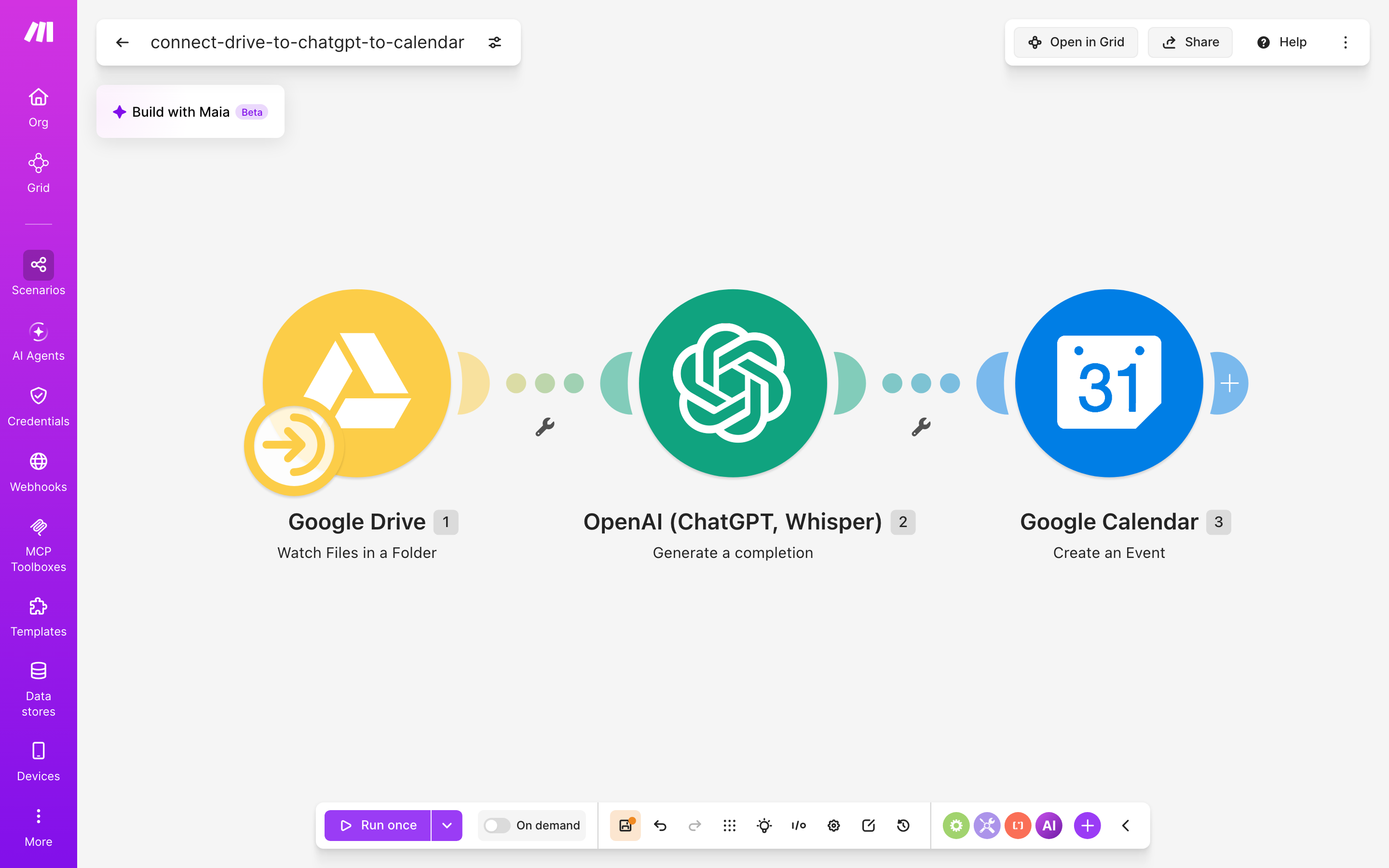 עורך התרחיש — Google Drive (Watch Files in a Folder) → ChatGPT (Generate a completion) → Google Calendar (Create an Event)