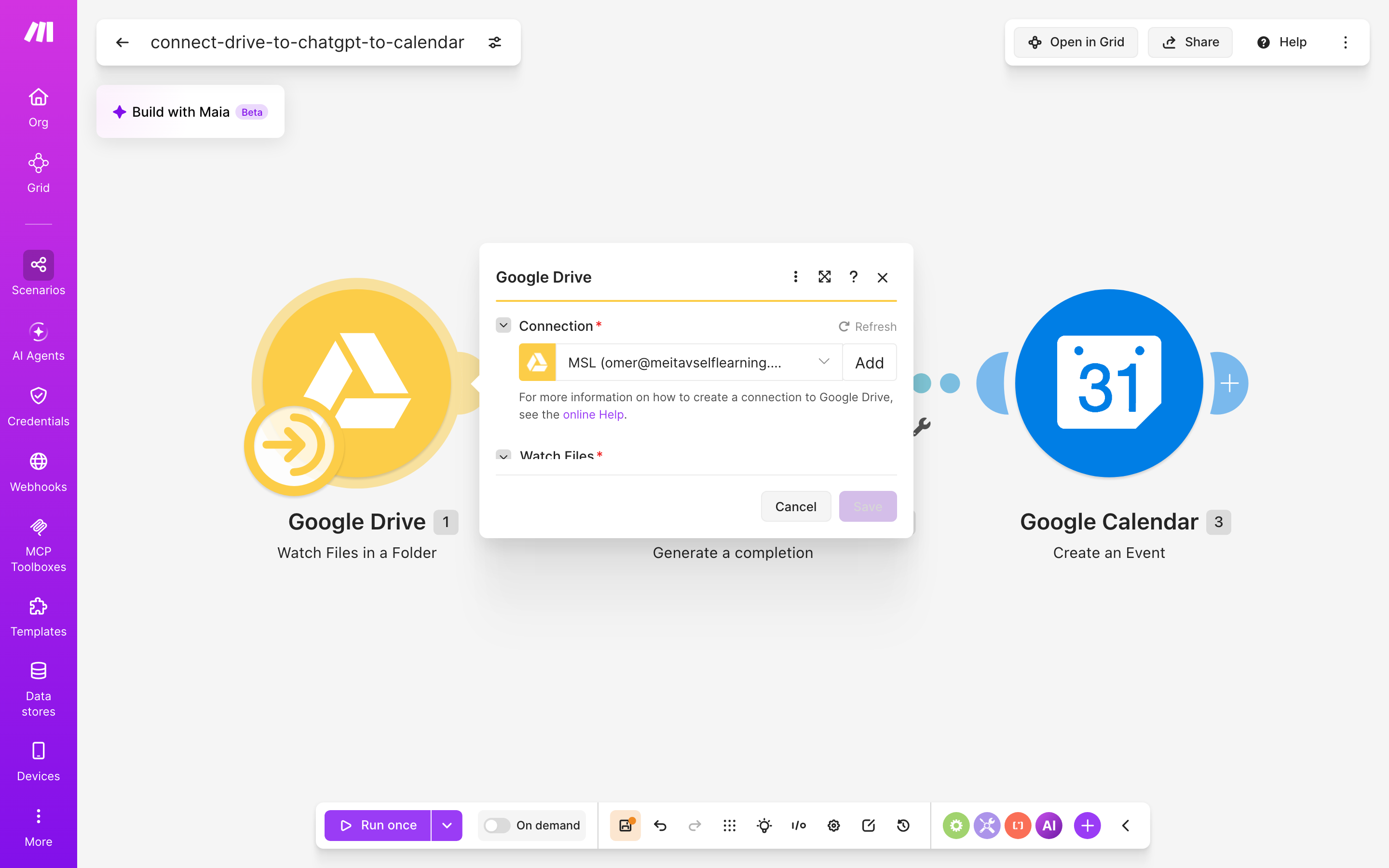 איך מחברים Google Drive ל-Google Calendar — קובץ חדש בתיקייה → ChatGPT מנסח בעברית → נוצר אירוע ביומן 3 הגדרות המודול Google Drive — Watch Files in a Folder