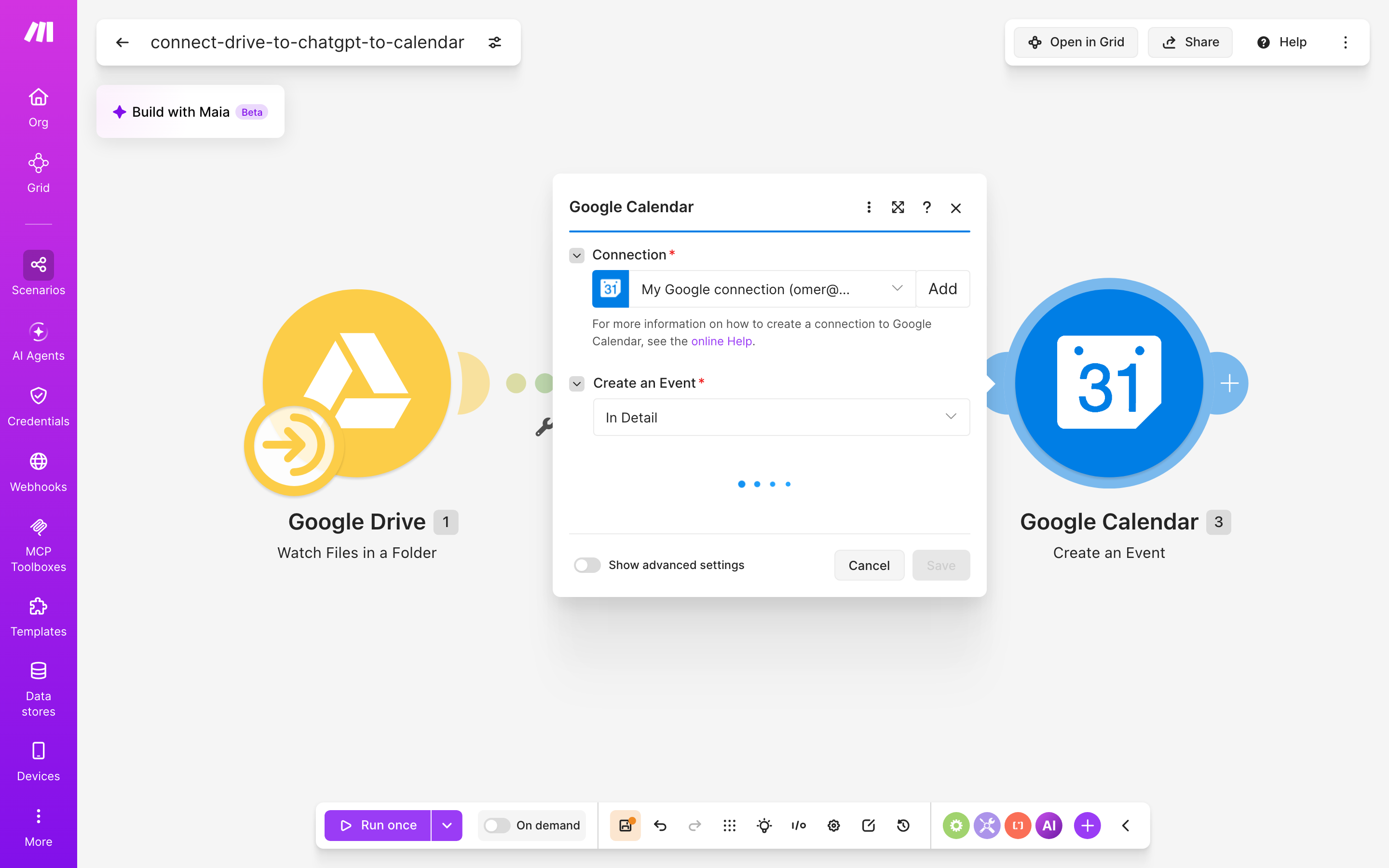 איך מחברים Google Drive ל-Google Calendar — קובץ חדש בתיקייה → ChatGPT מנסח בעברית → נוצר אירוע ביומן 5 הגדרות המודול Google Calendar — Create an Event