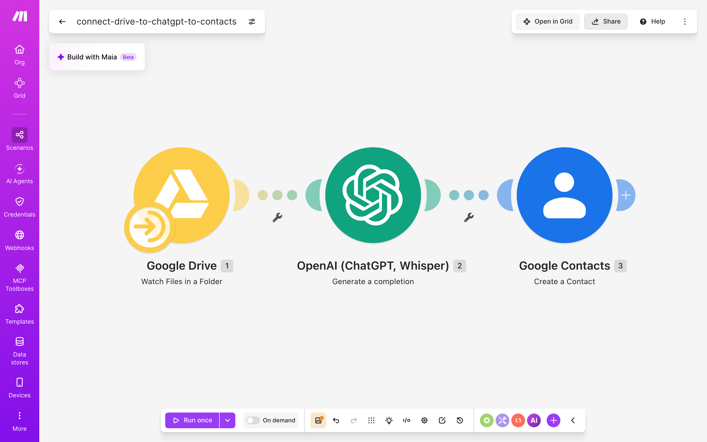 עורך התרחיש — Google Drive (Watch Files in a Folder) → ChatGPT (Generate a completion) → google-contacts (Create Acontact)