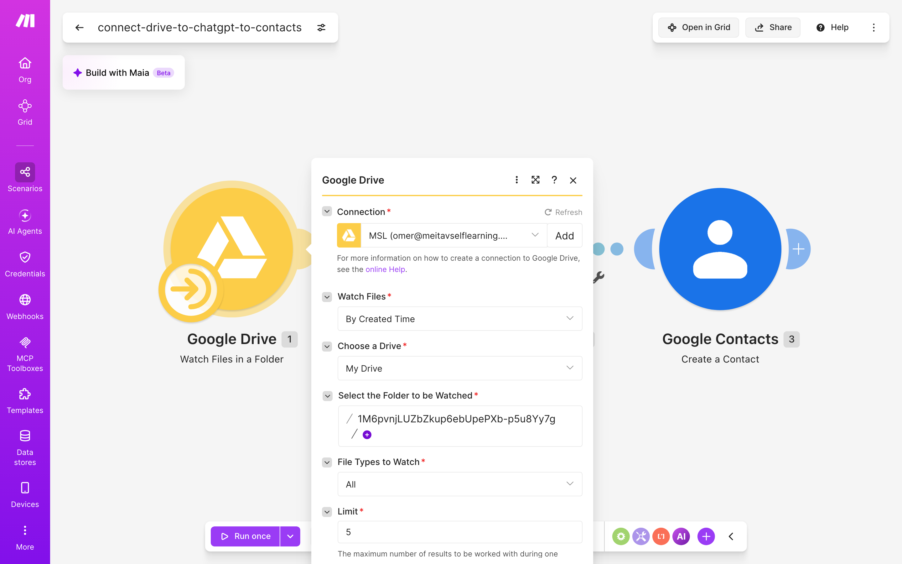 איך מחברים Google Drive ל-contacts — קובץ חדש בתיקייה → ChatGPT מנסח בעברית → נוצר איש-קשר 3 הגדרות המודול Google Drive — Watch Files in a Folder