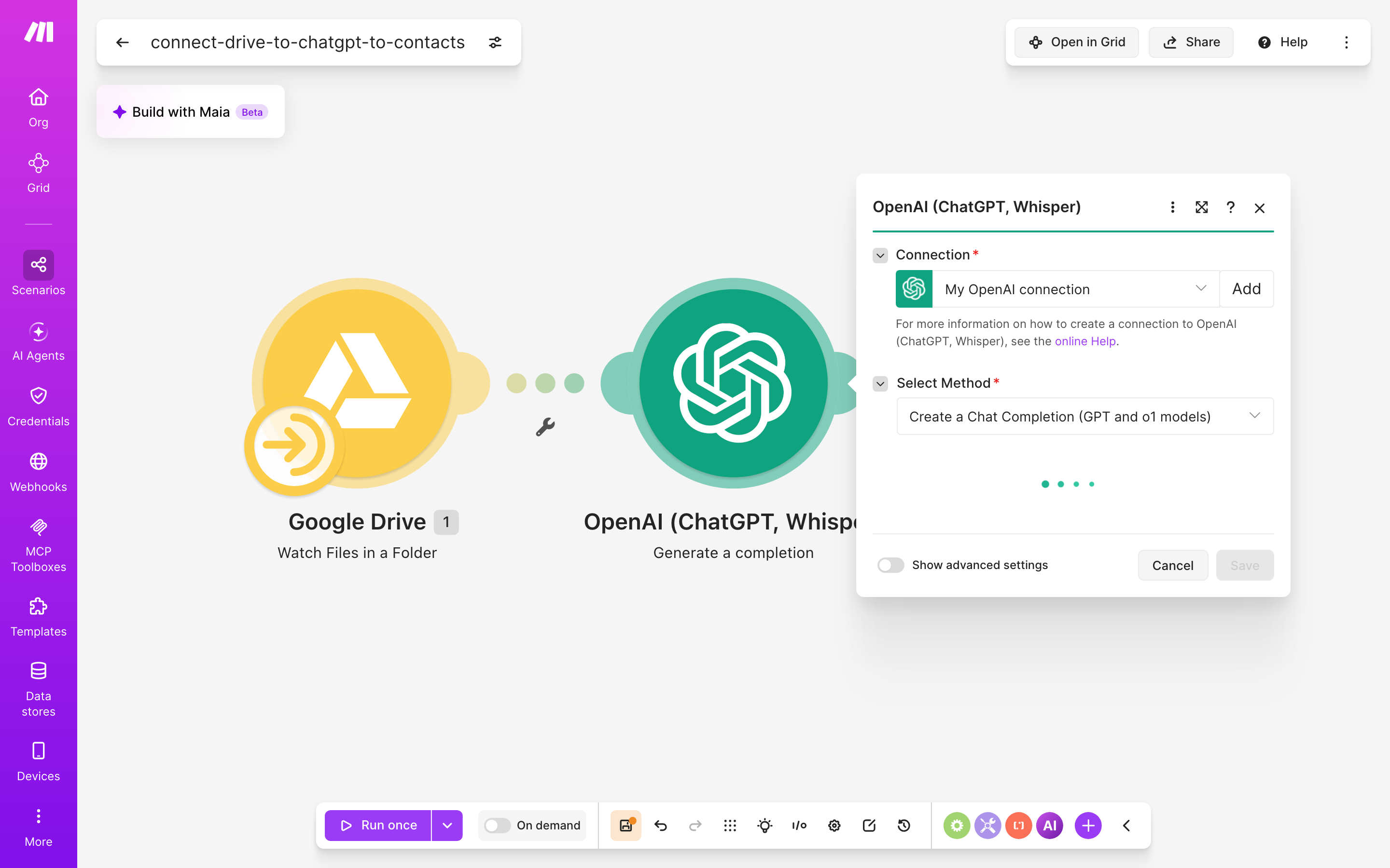 איך מחברים Google Drive ל-contacts — קובץ חדש בתיקייה → ChatGPT מנסח בעברית → נוצר איש-קשר 4 הגדרות המודול ChatGPT — Generate a completion