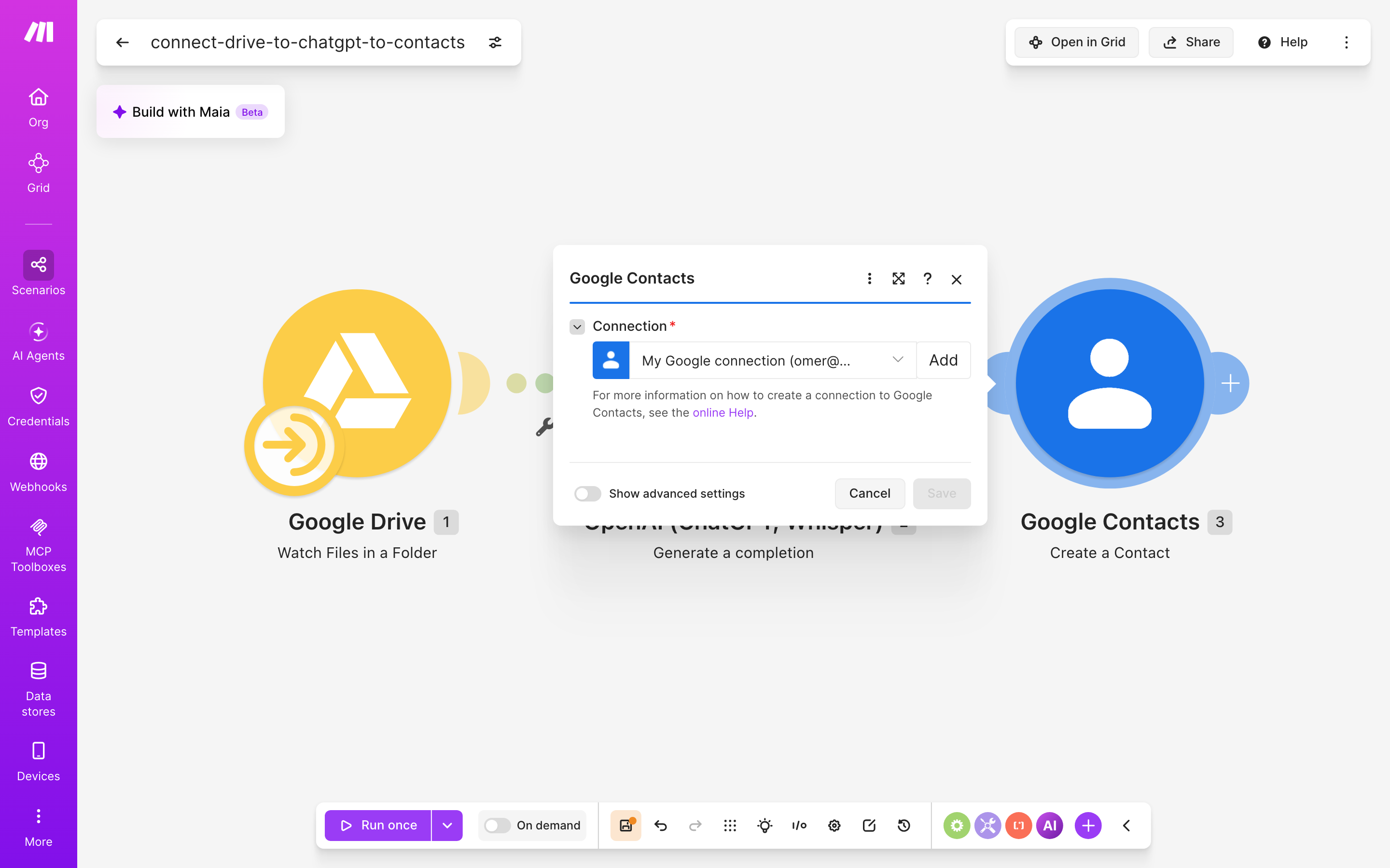 איך מחברים Google Drive ל-contacts — קובץ חדש בתיקייה → ChatGPT מנסח בעברית → נוצר איש-קשר 5 הגדרות המודול google-contacts — Create Acontact
