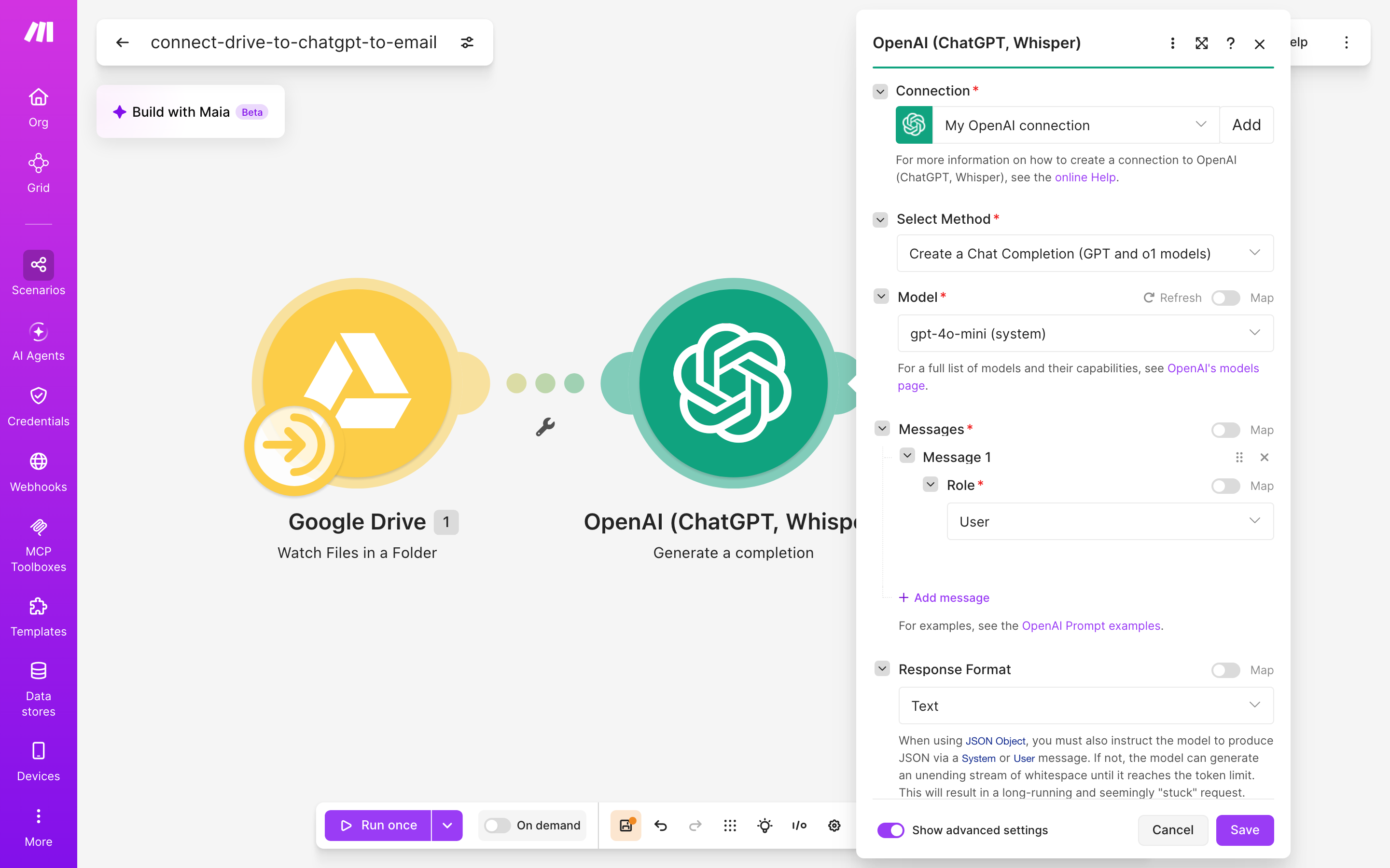 איך מחברים Google Drive ל-Gmail — קובץ חדש בתיקייה → ChatGPT מנסח בעברית → נשלח מייל 4 הגדרות המודול ChatGPT — Generate a completion