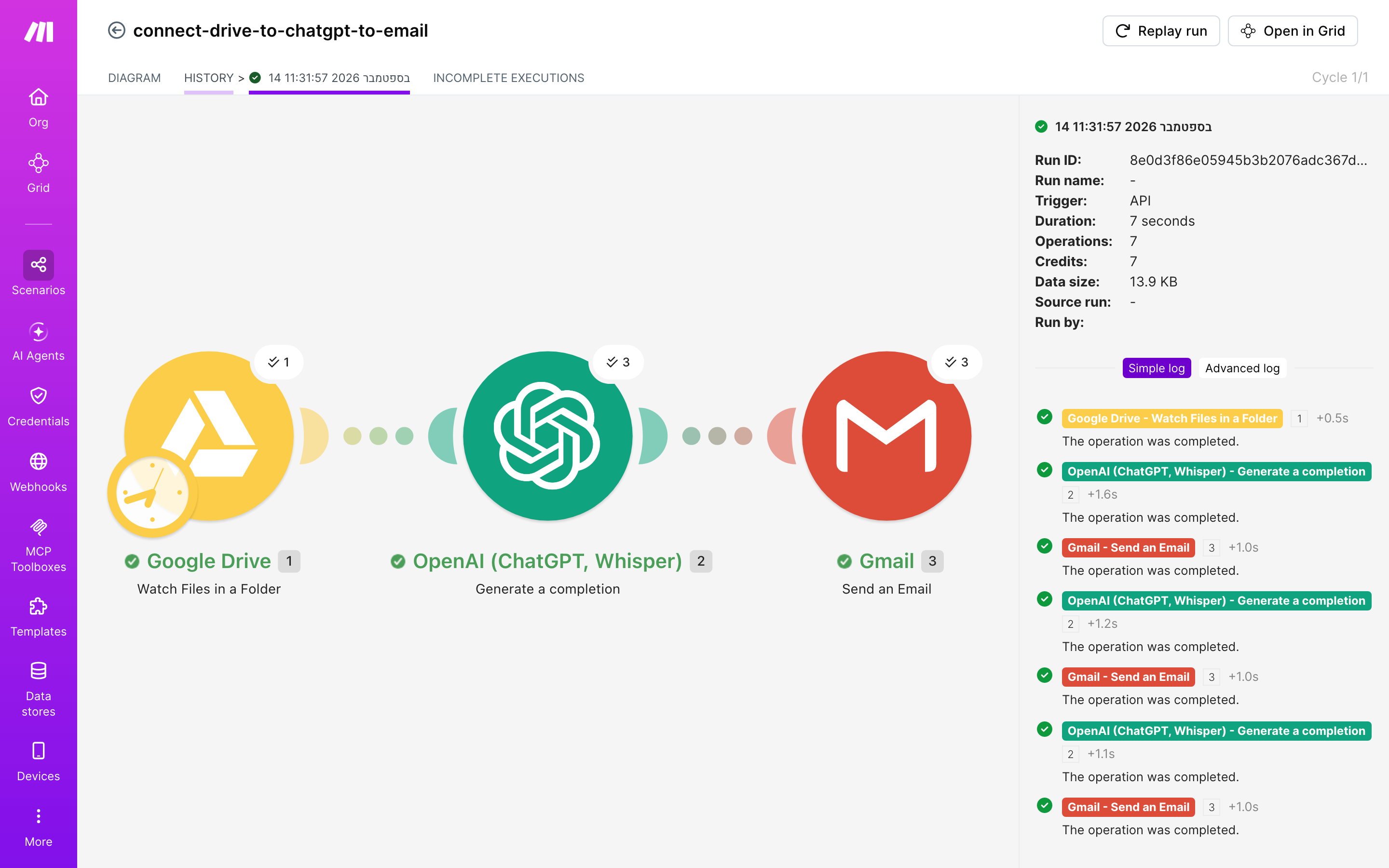 איך מחברים Google Drive ל-Gmail — קובץ חדש בתיקייה → ChatGPT מנסח בעברית → נשלח מייל 6 היסטוריית-הריצות: ריצה ירוקה, 7 פעולות, 14.9.2026
