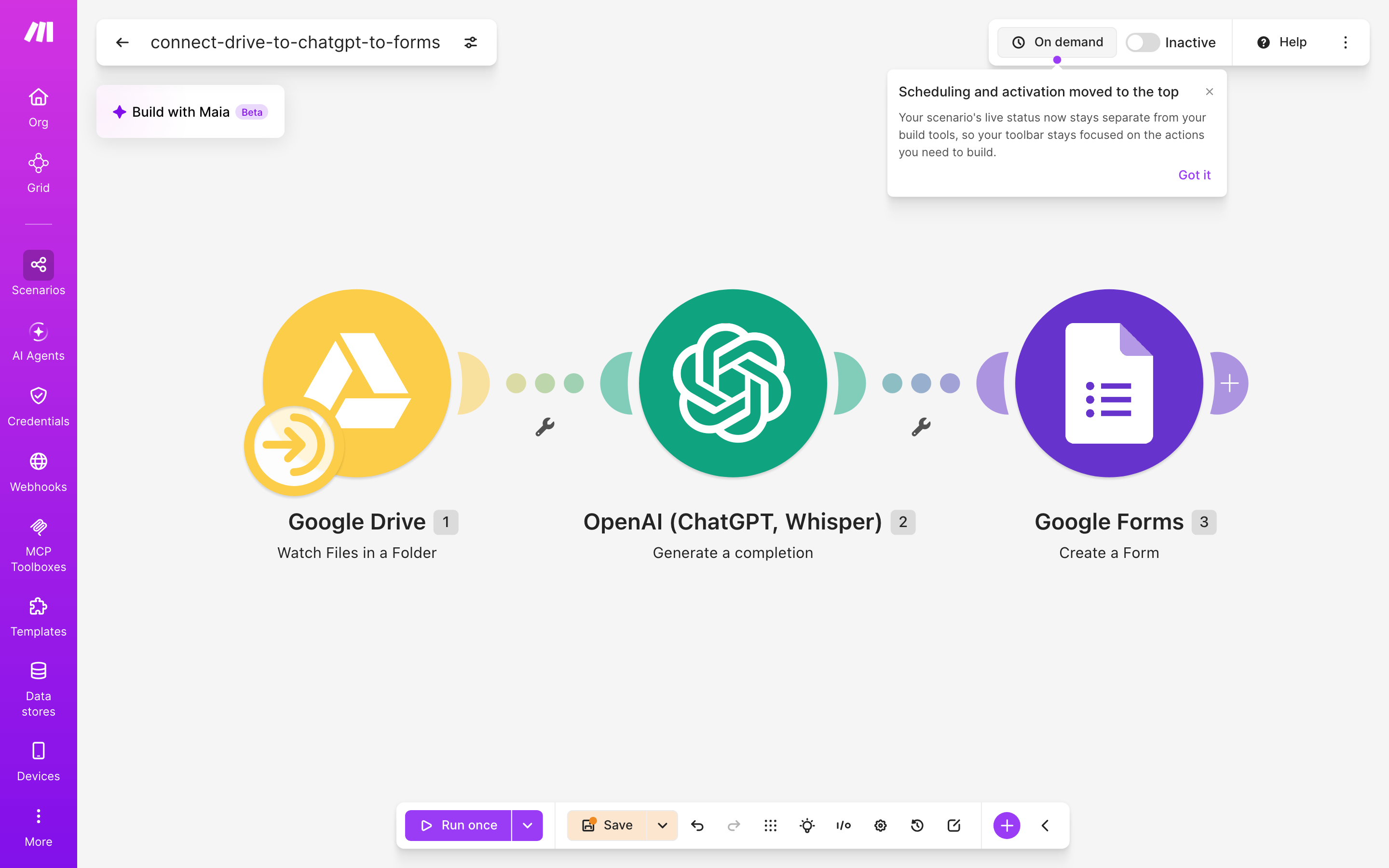 עורך התרחיש — Google Drive (Watch Files in a Folder) → ChatGPT (Generate a completion) → google-forms (Create Form)