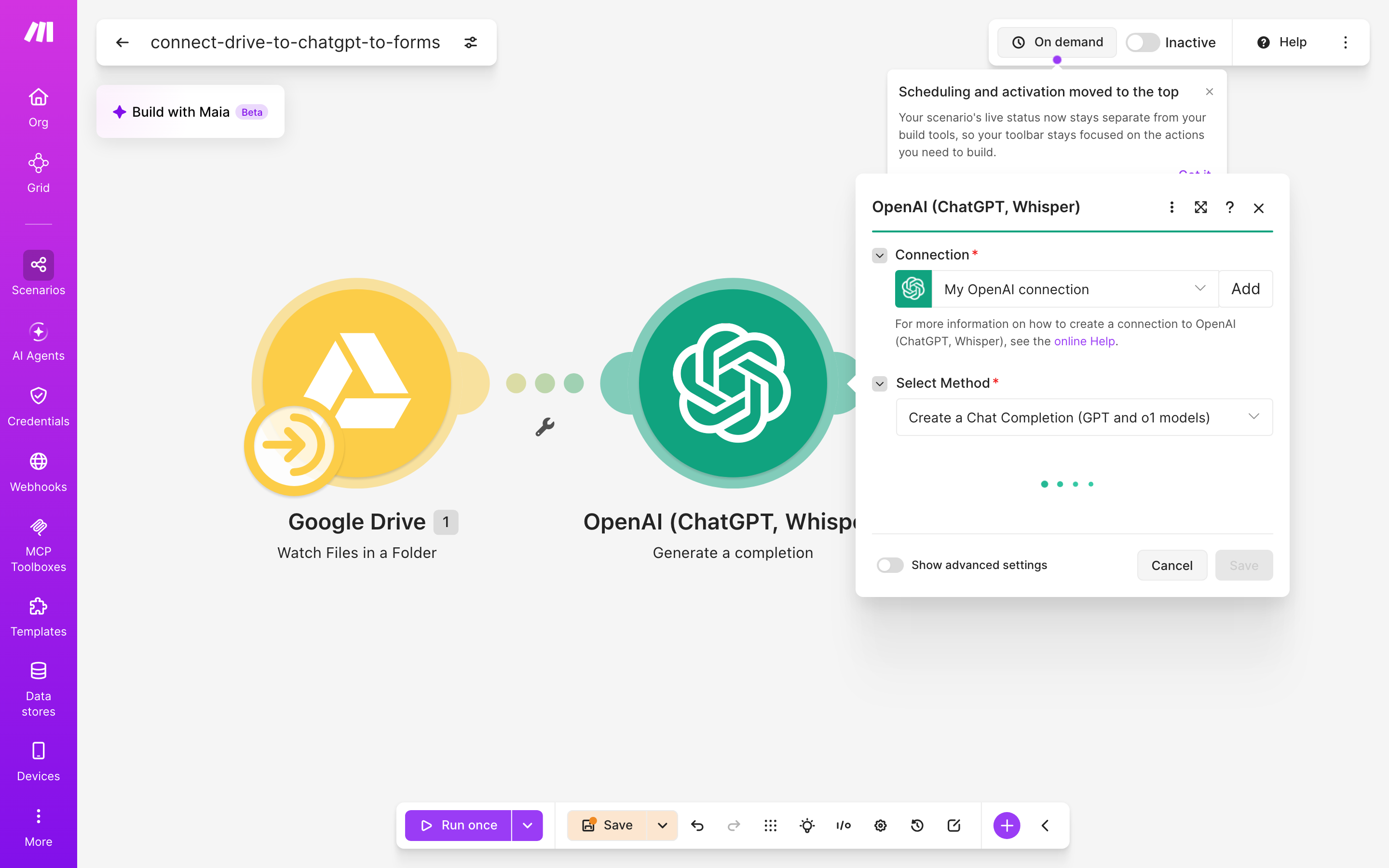 איך מחברים Google Drive ל-Google Forms — קובץ חדש בתיקייה → ChatGPT מנסח בעברית → נוצר או עודכן טופס 4 הגדרות המודול ChatGPT — Generate a completion