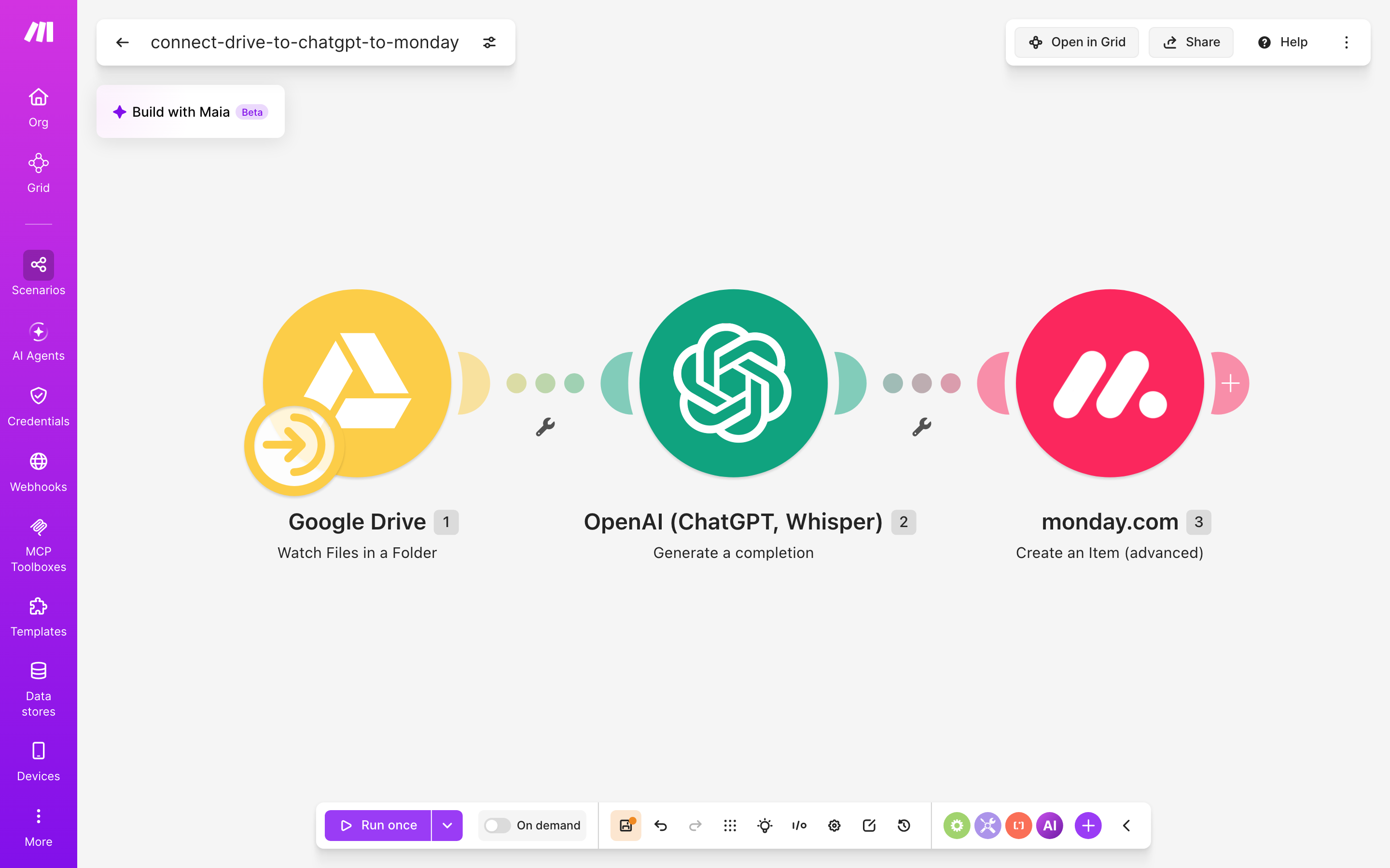 איך מחברים Google Drive ל-monday.com — קובץ חדש בתיקייה → ChatGPT מנסח בעברית → נוצר פריט בלוח 2 עורך התרחיש — Google Drive (Watch Files in a Folder) → ChatGPT (Generate a completion) → monday.com (Create an Item (advanced))