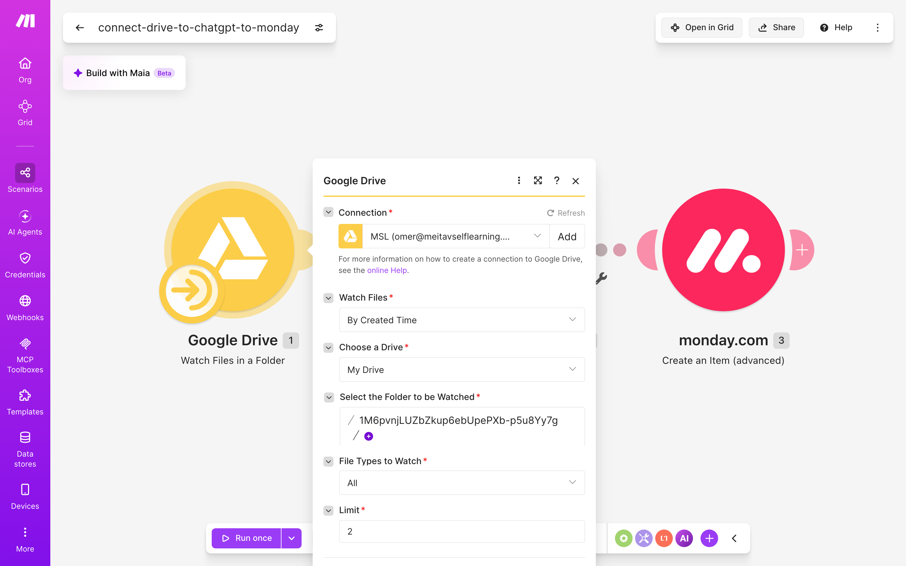 איך מחברים Google Drive ל-monday.com — קובץ חדש בתיקייה → ChatGPT מנסח בעברית → נוצר פריט בלוח 3 הגדרות המודול Google Drive — Watch Files in a Folder