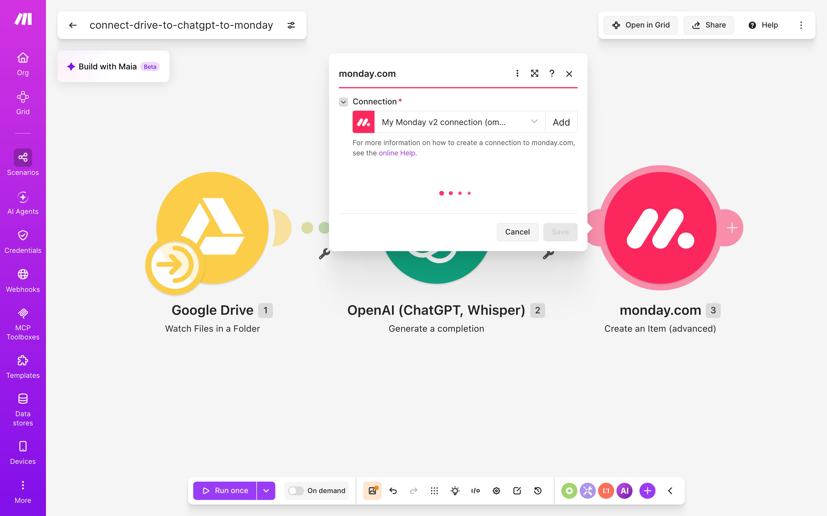 איך מחברים Google Drive ל-monday.com — קובץ חדש בתיקייה → ChatGPT מנסח בעברית → נוצר פריט בלוח 5 הגדרות המודול monday.com — Create an Item (advanced)