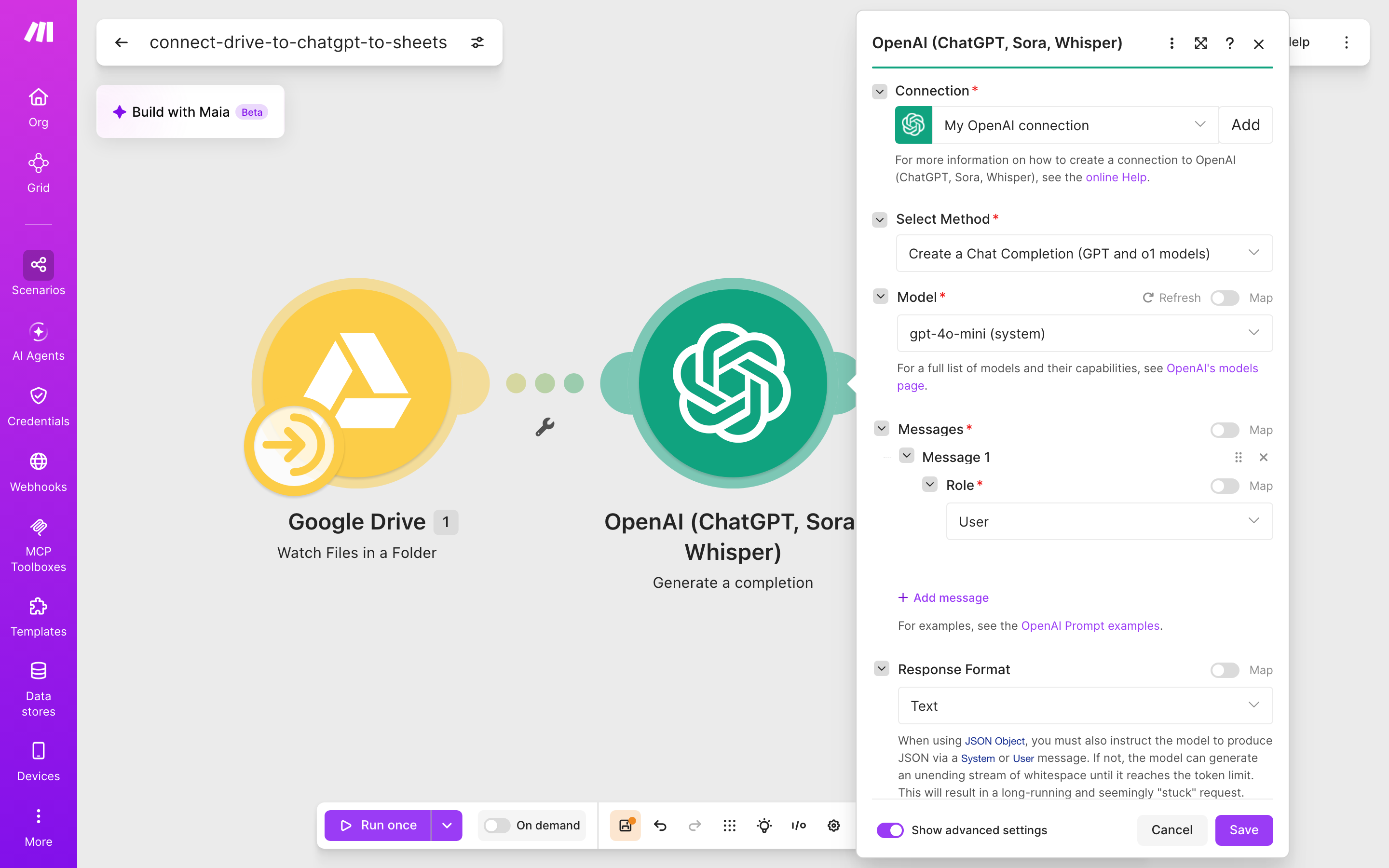 איך מחברים Google Drive ל-Google Sheets — קובץ חדש בתיקייה → ChatGPT מנסח בעברית → נרשמת שורה בגיליון 4 הגדרות המודול ChatGPT — Generate a completion
