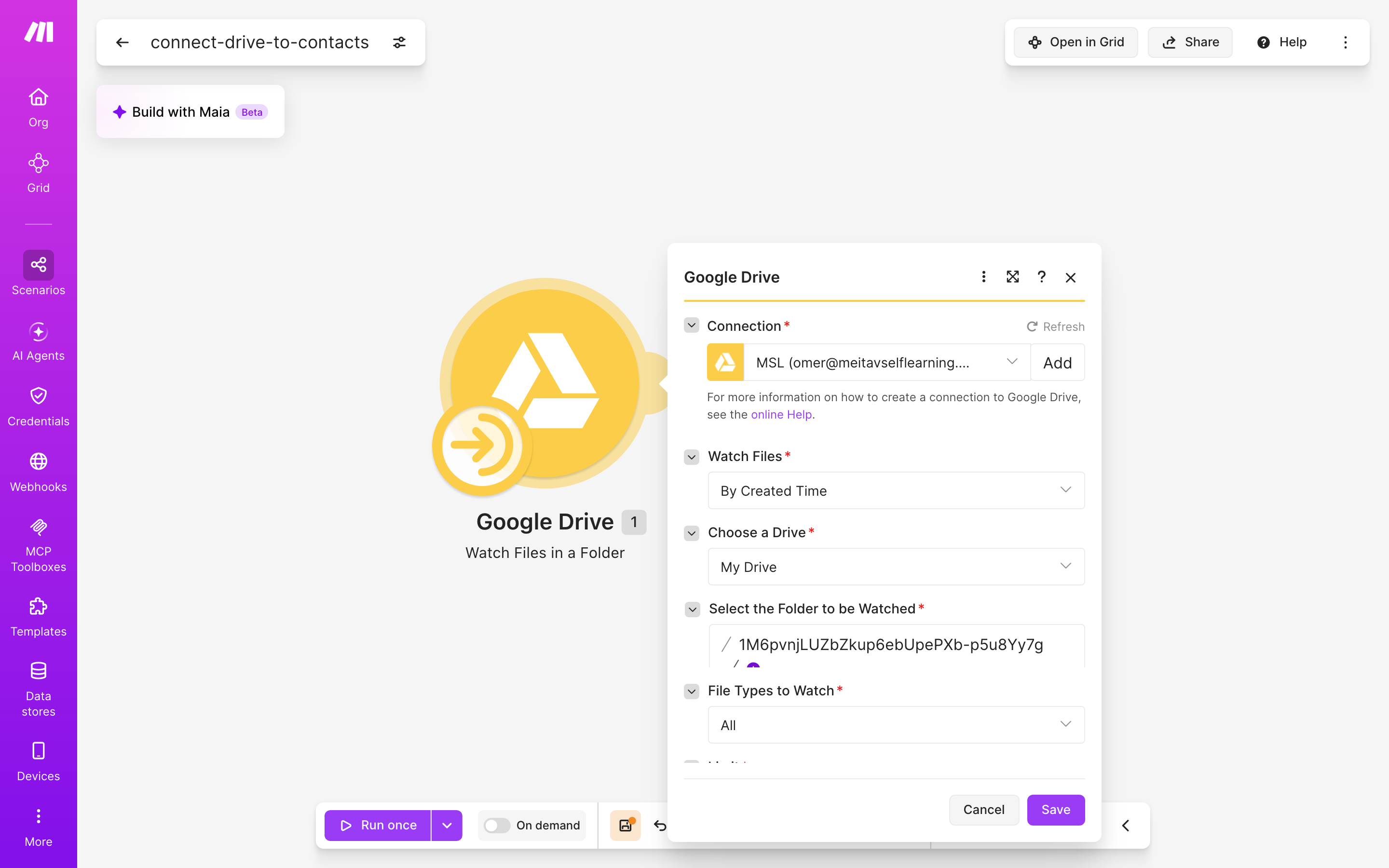איך מחברים Google Drive ל-contacts — קובץ חדש בתיקייה → נוצר איש-קשר 3 הגדרות המודול Google Drive — Watch Files in a Folder