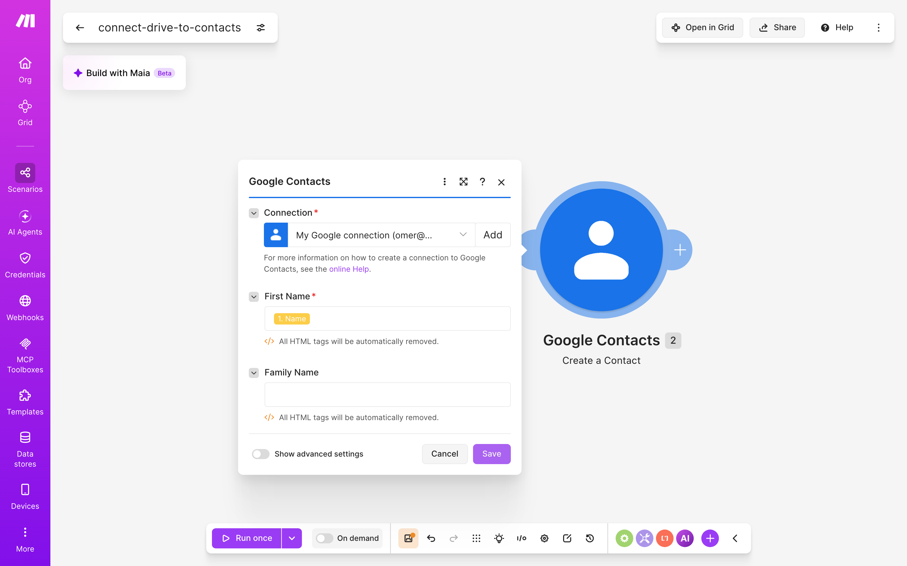 איך מחברים Google Drive ל-contacts — קובץ חדש בתיקייה → נוצר איש-קשר 4 הגדרות המודול Google Contacts — Create a Contact