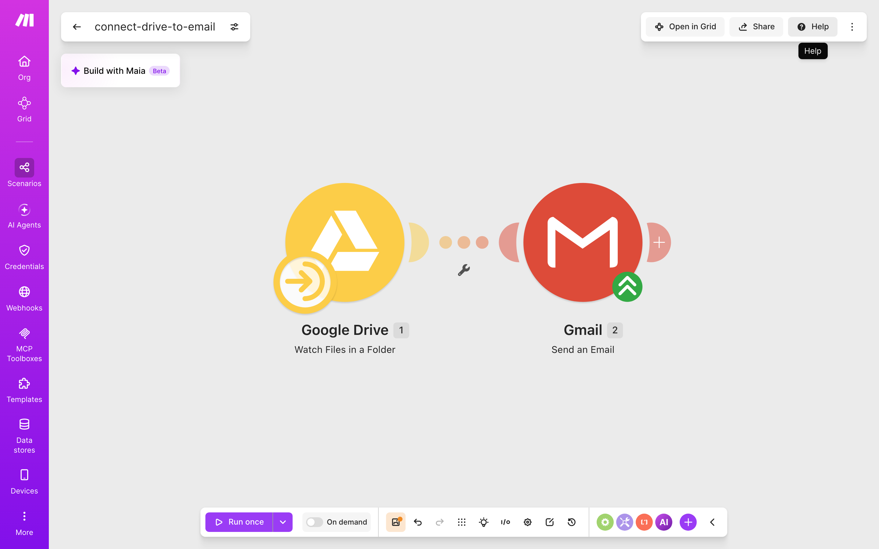 איך מחברים Google Drive ל-Gmail — קובץ חדש בתיקייה → נשלח מייל 2 עורך התרחיש — Google Drive (Watch Files in a Folder) → Gmail (Send an Email)