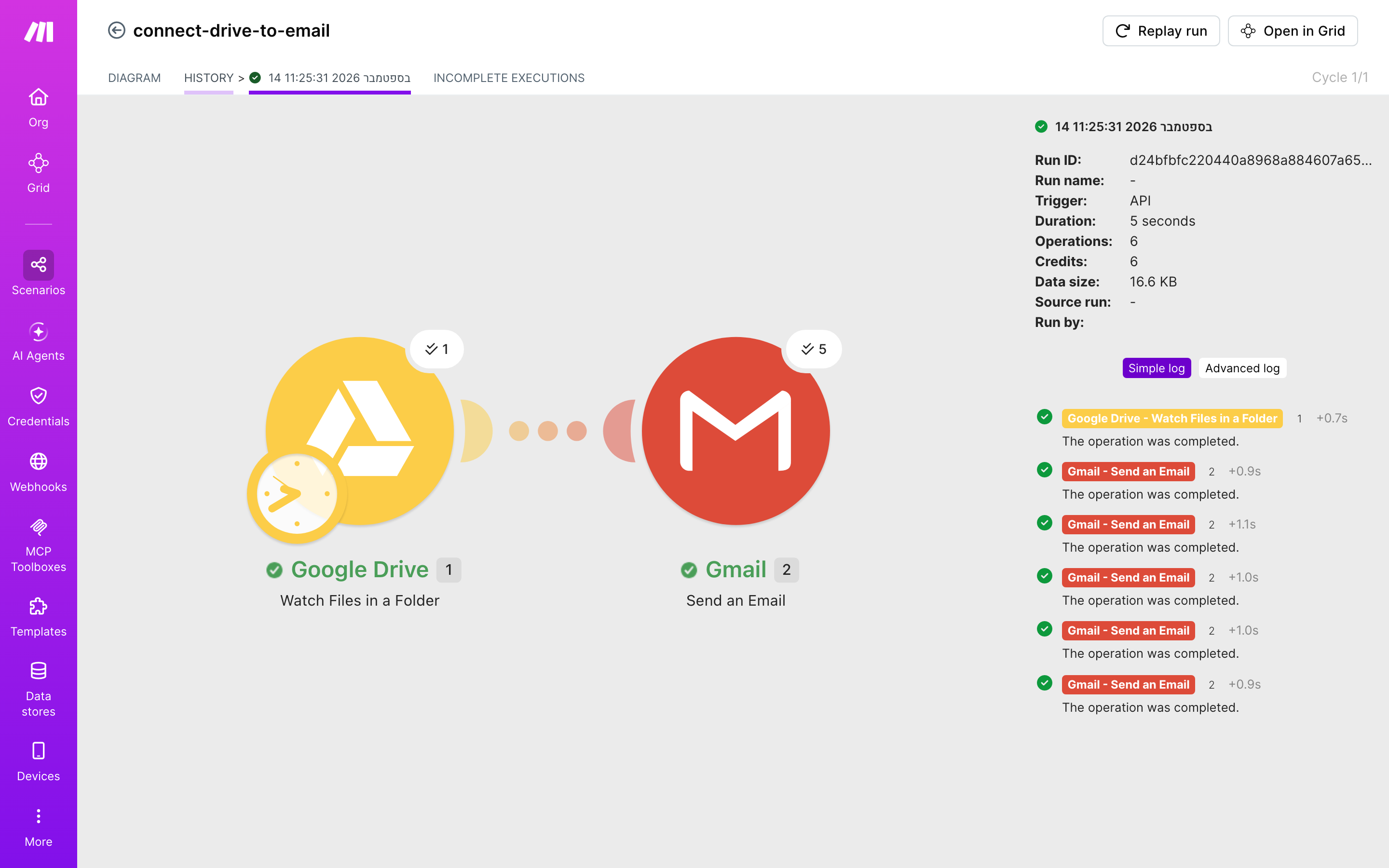 איך מחברים Google Drive ל-Gmail — קובץ חדש בתיקייה → נשלח מייל 5 היסטוריית-הריצות: ריצה ירוקה, 6 פעולות, 14.9.2026