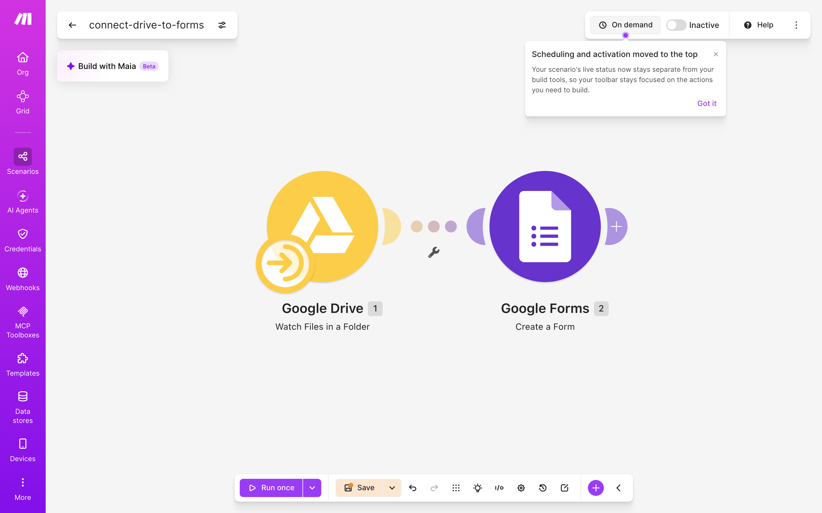 איך מחברים Google Drive ל-Google Forms — קובץ חדש בתיקייה → נוצר או עודכן טופס 2 עורך התרחיש — Google Drive (Watch Files in a Folder) → google-forms (Create Form)