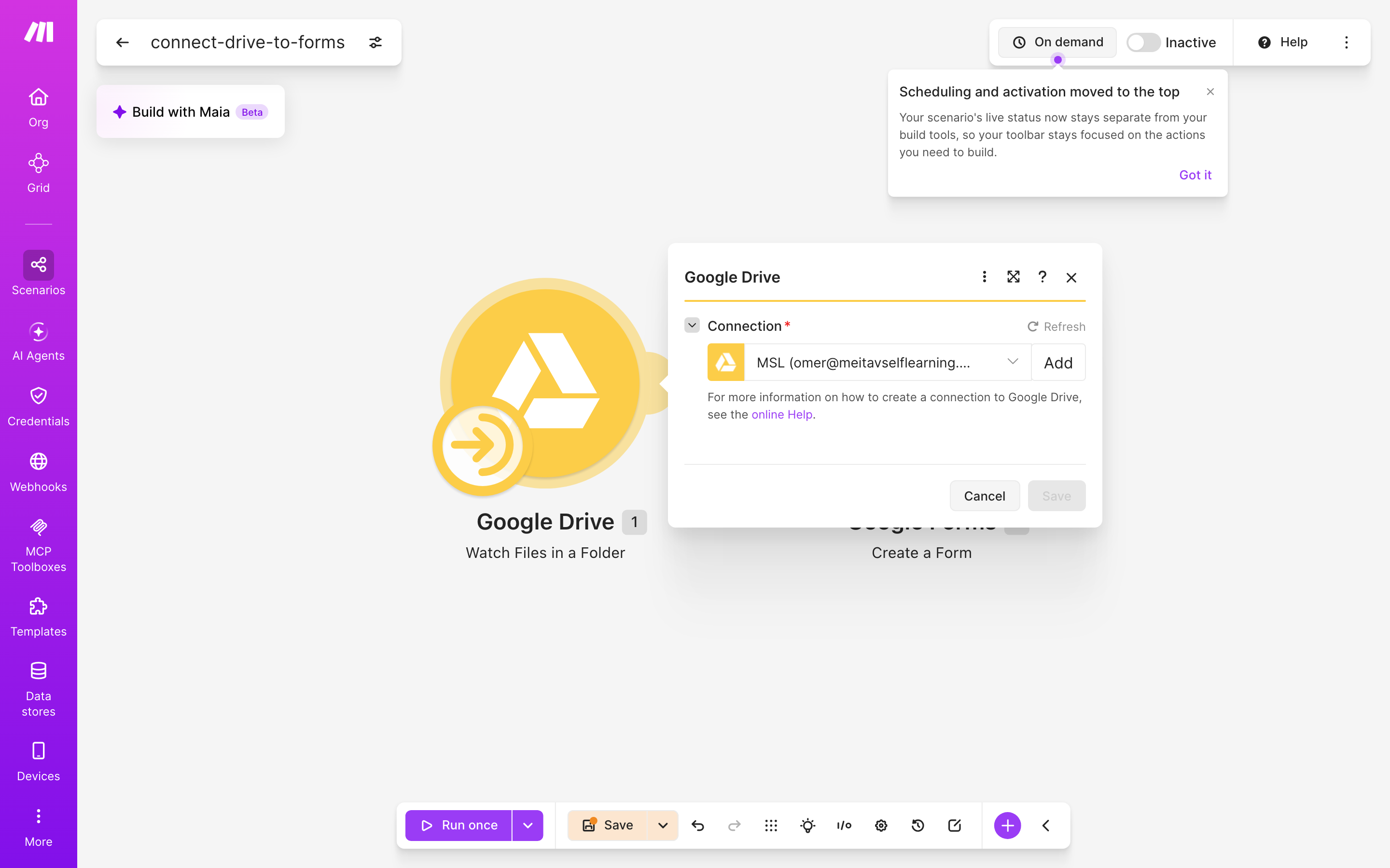 איך מחברים Google Drive ל-Google Forms — קובץ חדש בתיקייה → נוצר או עודכן טופס 3 הגדרות המודול Google Drive — Watch Files in a Folder