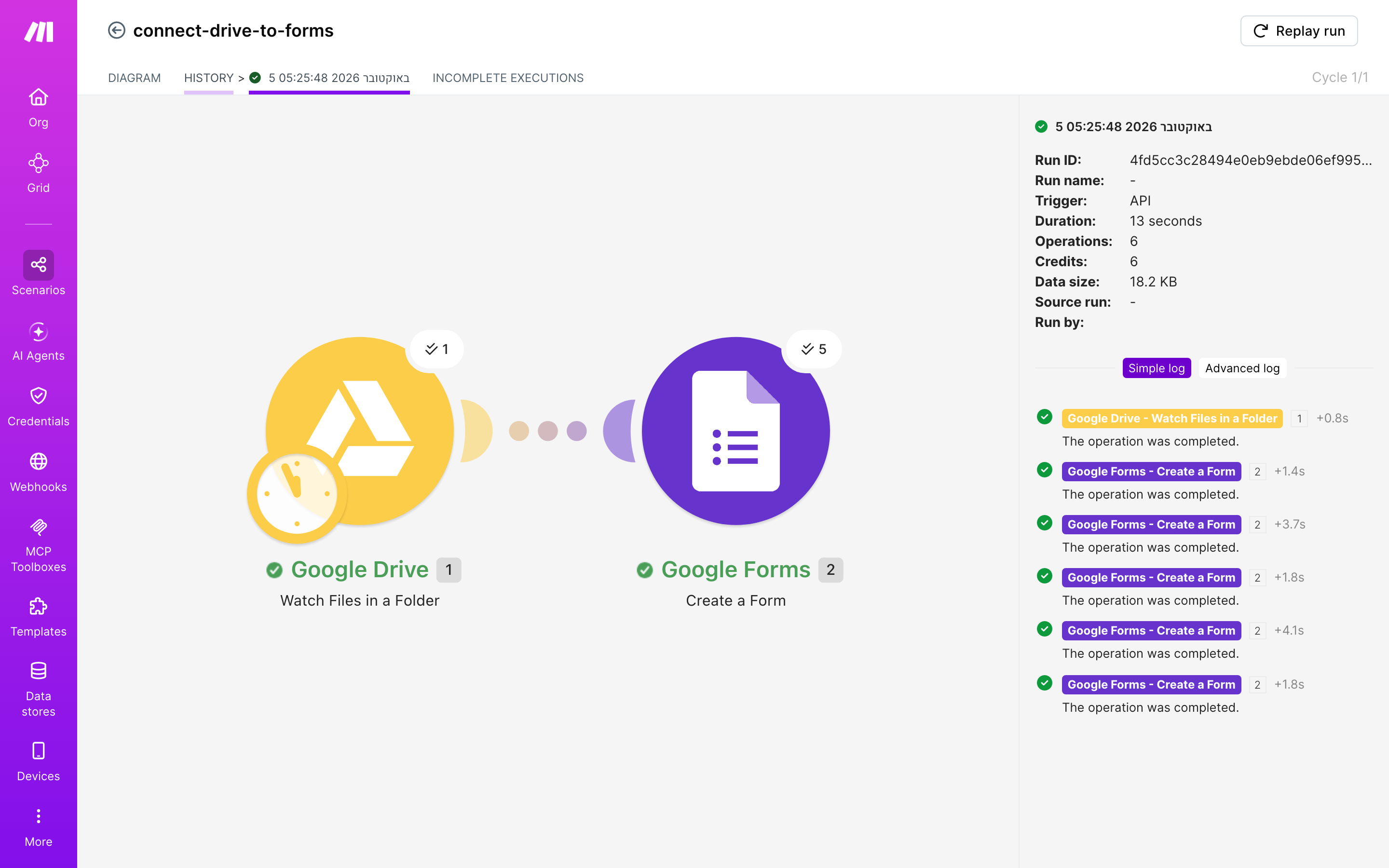איך מחברים Google Drive ל-Google Forms — קובץ חדש בתיקייה → נוצר או עודכן טופס 5 היסטוריית-הריצות: ריצה ירוקה, 6 פעולות, 5.10.2026