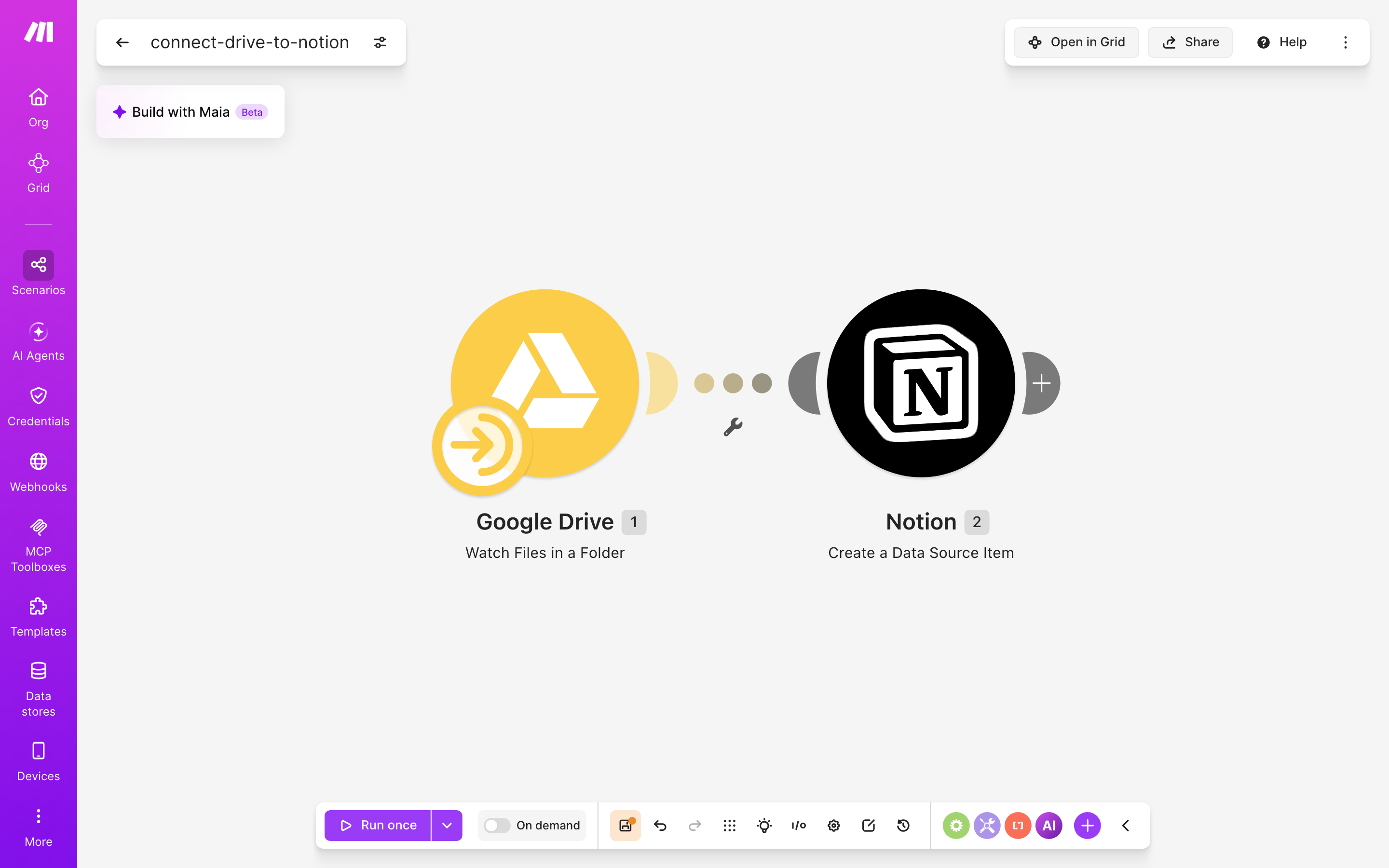 איך מחברים Google Drive ל-Notion — קובץ חדש בתיקייה → נוצר פריט בדאטהבייס 2 עורך התרחיש — Google Drive (Watch Files in a Folder) → Notion (Create a Data Source Item)