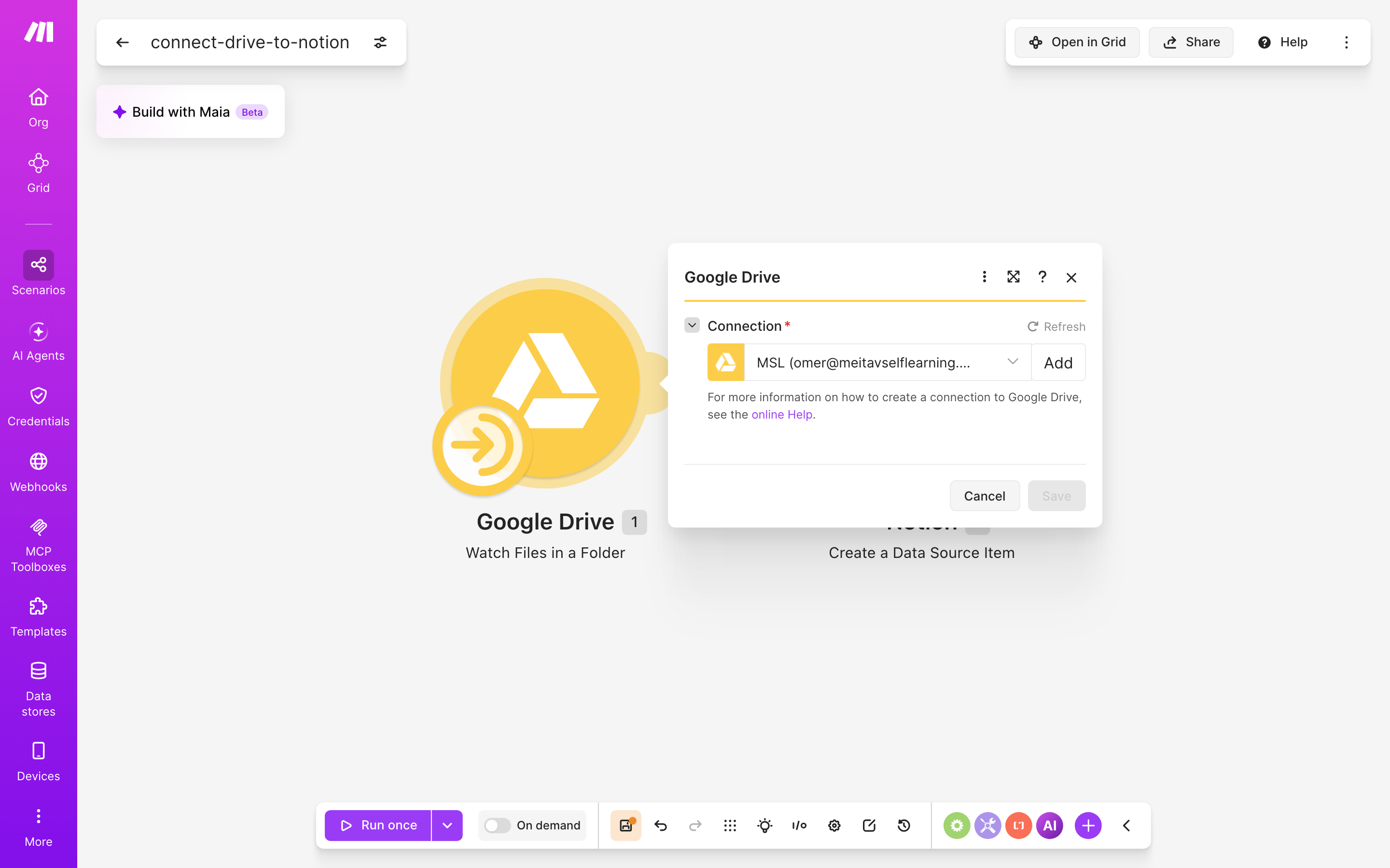 איך מחברים Google Drive ל-Notion — קובץ חדש בתיקייה → נוצר פריט בדאטהבייס 3 הגדרות המודול Google Drive — Watch Files in a Folder