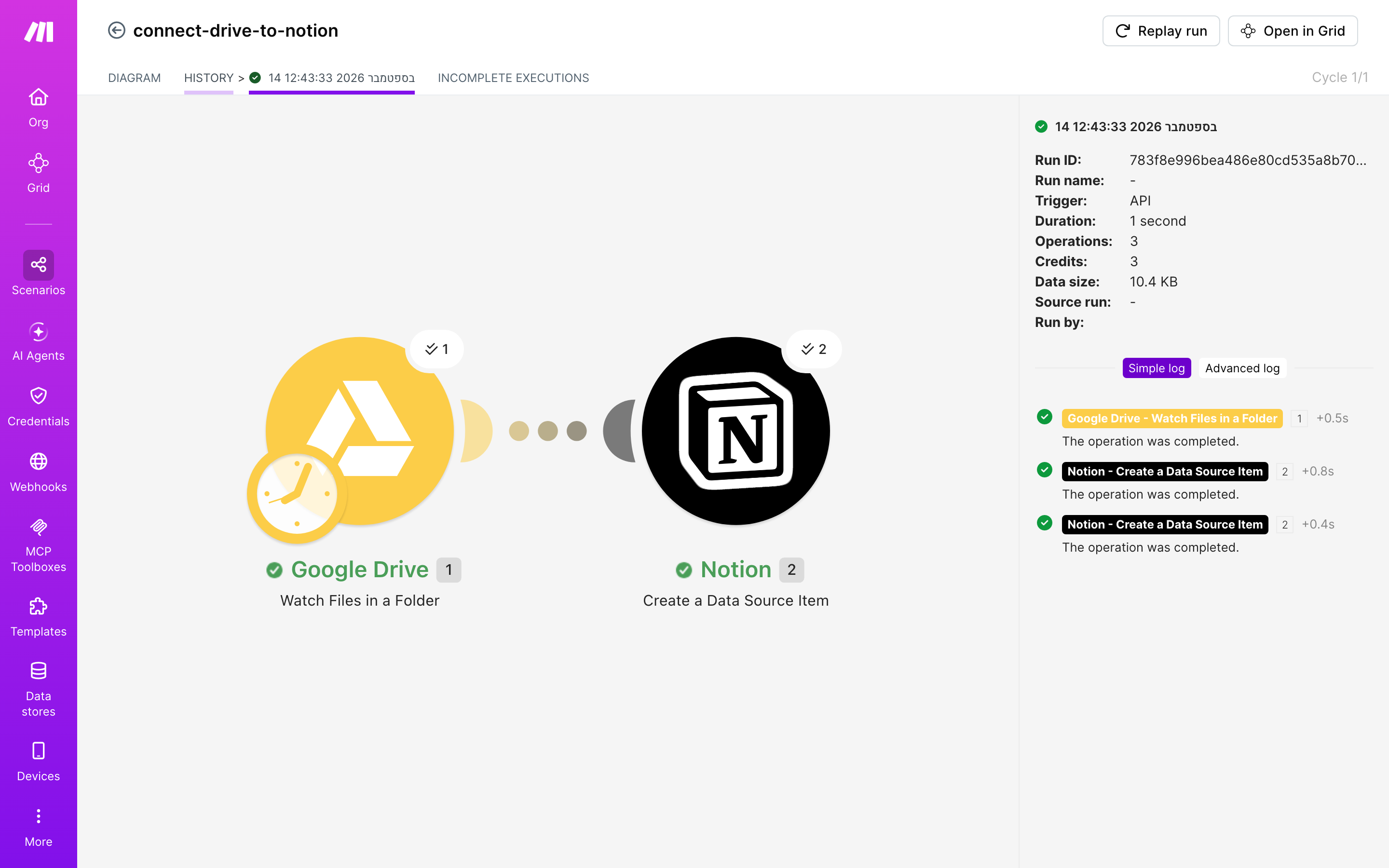 איך מחברים Google Drive ל-Notion — קובץ חדש בתיקייה → נוצר פריט בדאטהבייס 5 היסטוריית-הריצות: ריצה ירוקה, 3 פעולות, 14.9.2026