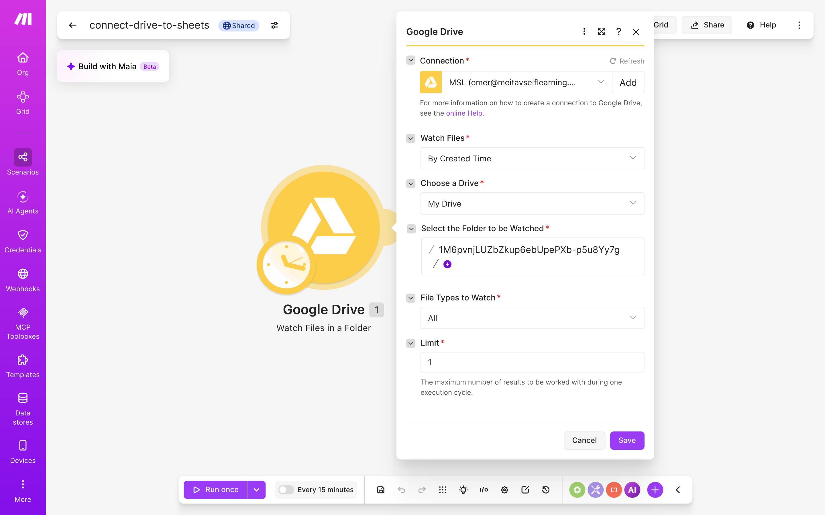 איך מחברים Google Drive ל-Google Sheets — קובץ חדש בתיקייה → נרשמת שורה בגיליון 3 הגדרות המודול Google Drive — Watch Files in a Folder