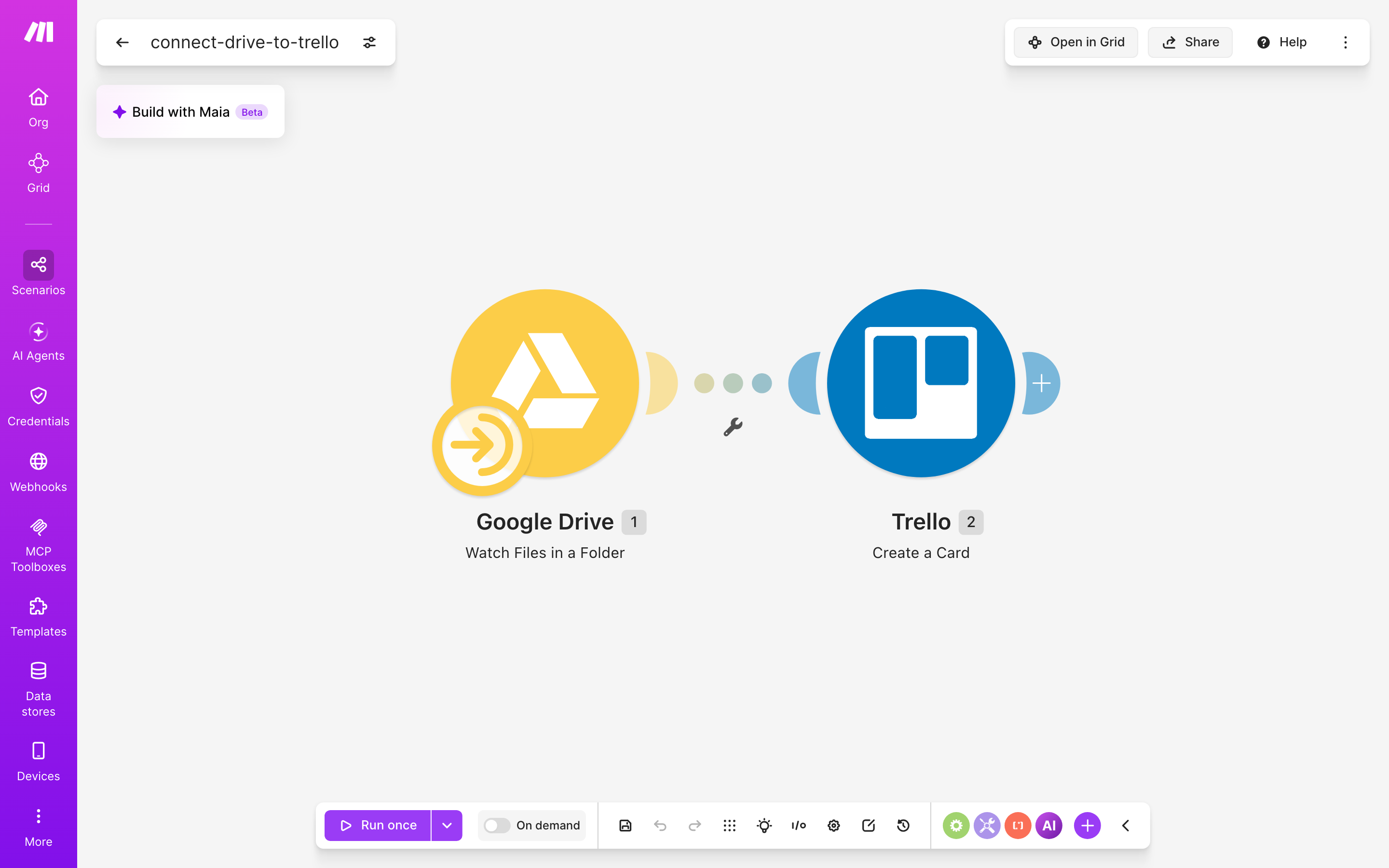 עורך התרחיש — Google Drive (Watch Files in a Folder) → Trello (Create a Card)